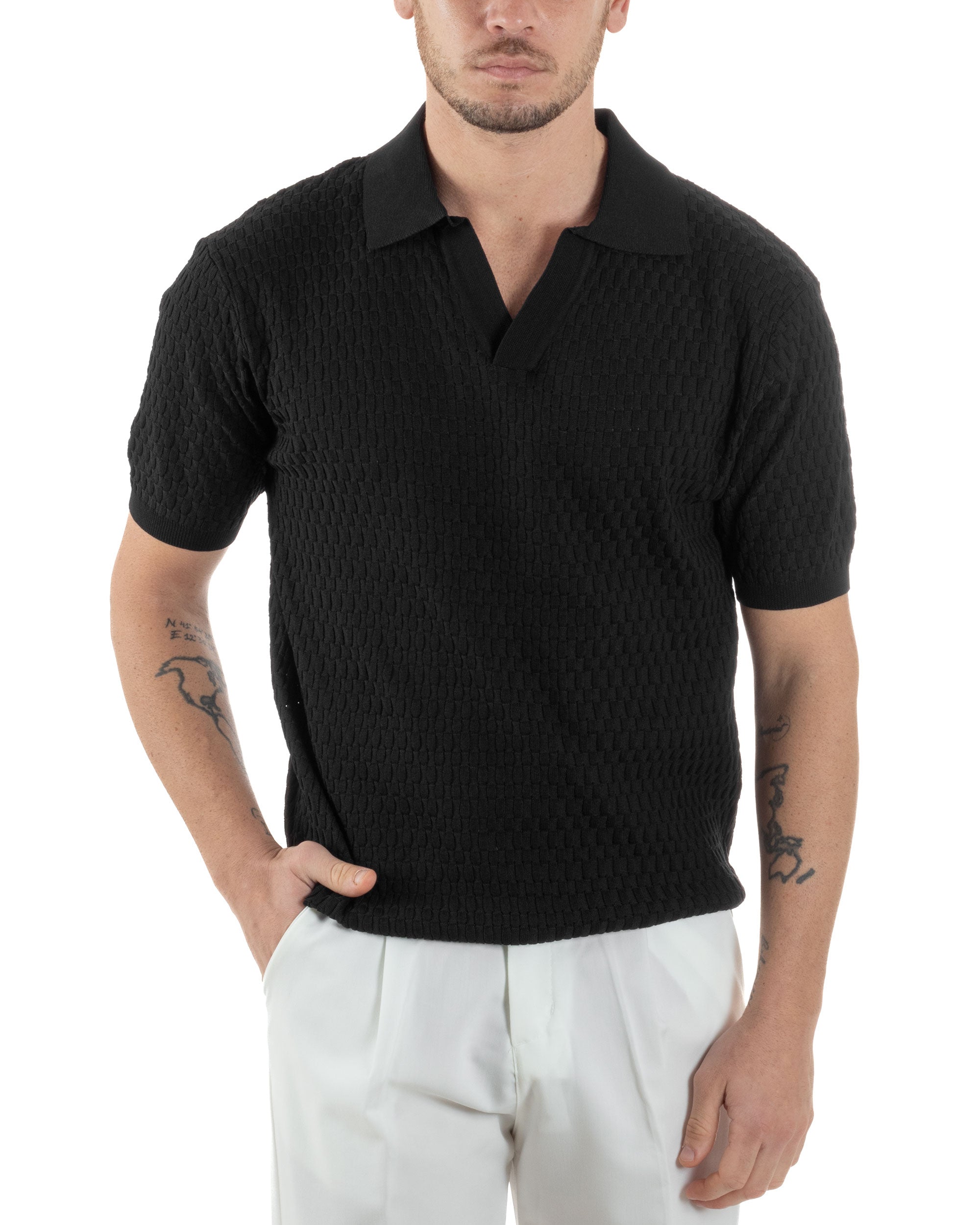 Polo Uomo Scollo V Maglia Lavorata T-Shirt Con Colletto Maniche Corte Tinta Unita Casual Nero GIOSAL-TS3112A