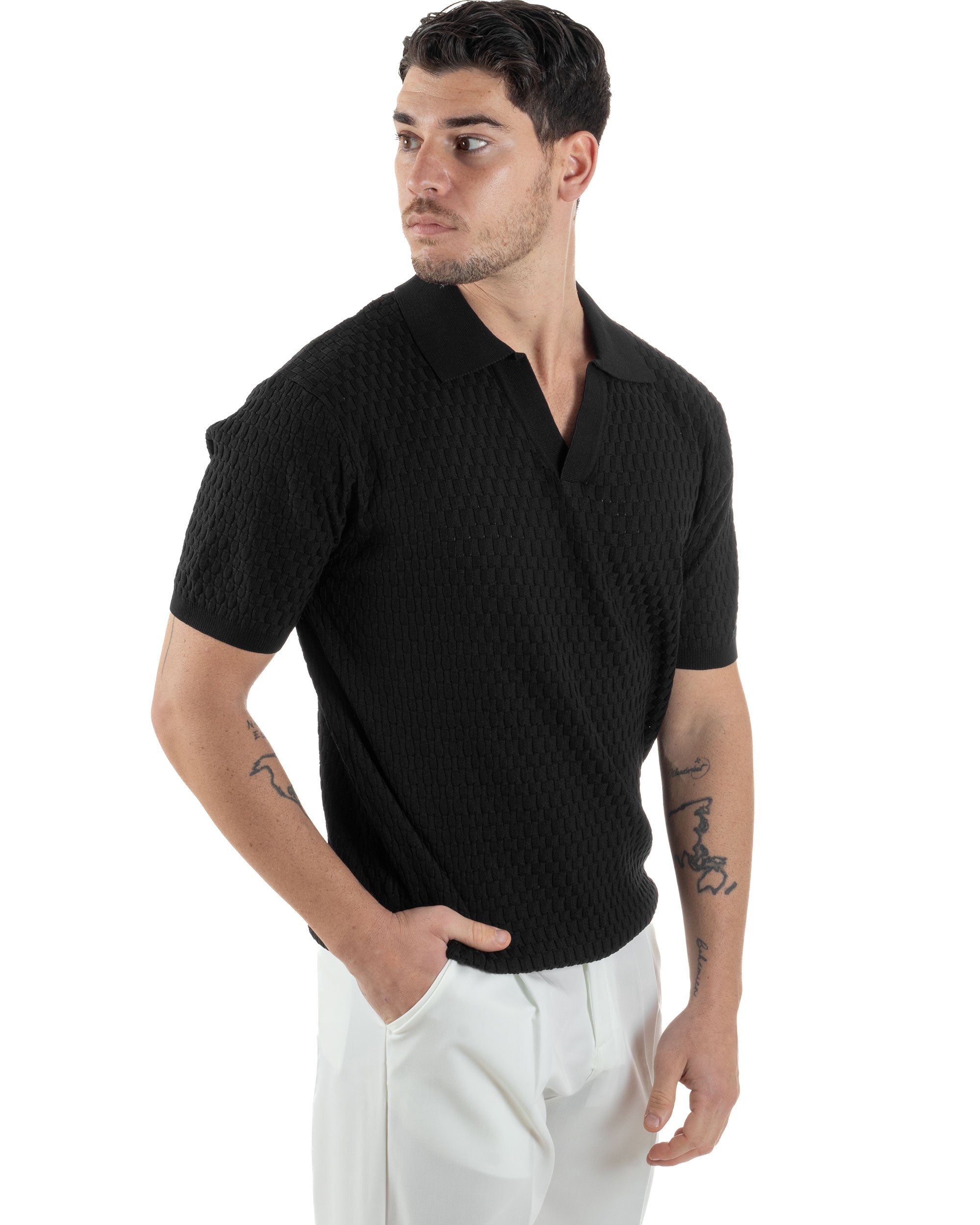 Polo Uomo Scollo V Maglia Lavorata T-Shirt Con Colletto Maniche Corte Tinta Unita Casual Nero GIOSAL-TS3112A