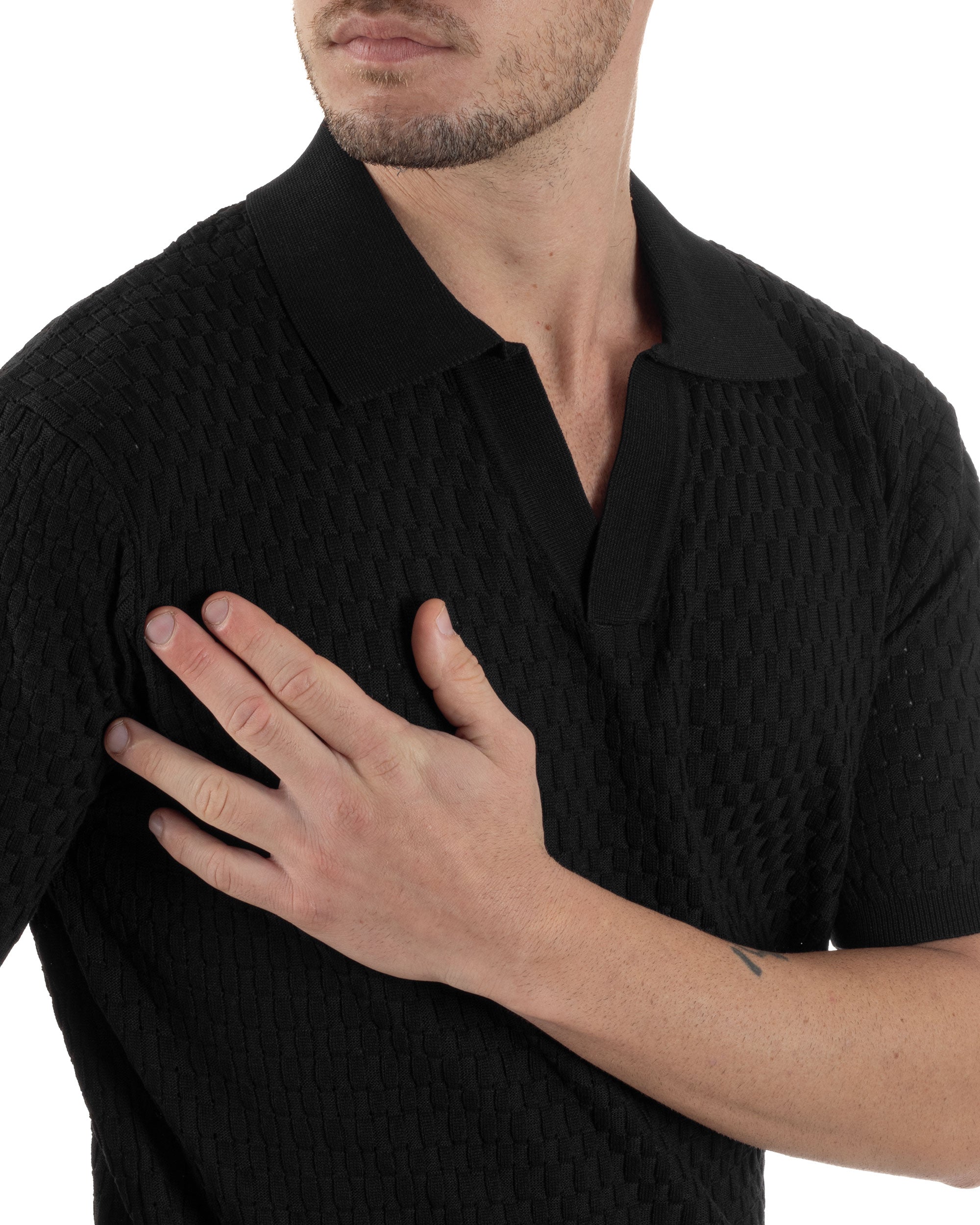 Polo Uomo Scollo V Maglia Lavorata T-Shirt Con Colletto Maniche Corte Tinta Unita Casual Nero GIOSAL-TS3112A
