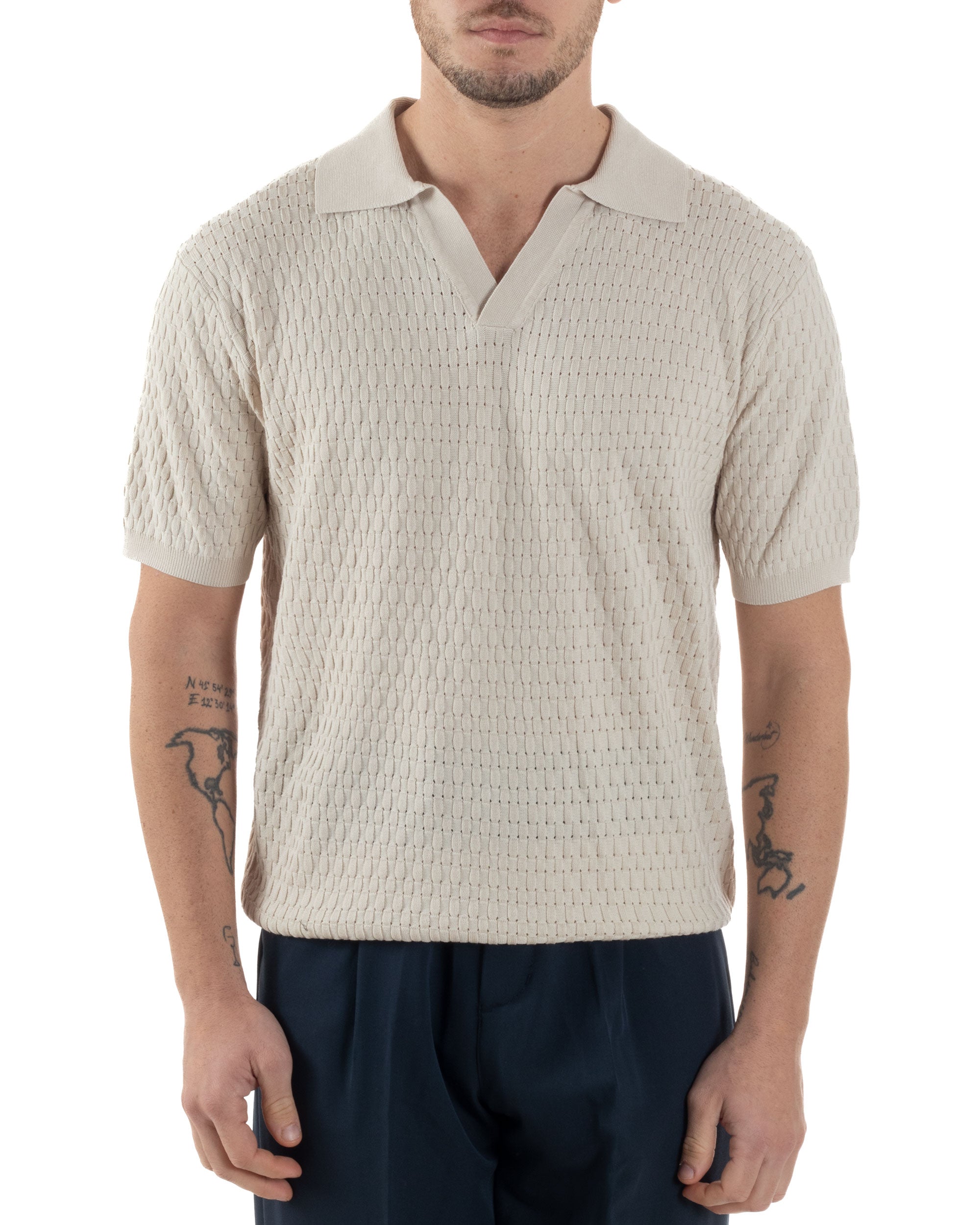 Polo Uomo Scollo V Maglia Lavorata T-Shirt Con Colletto Maniche Corte Tinta Unita Casual Beige GIOSAL-TS3114A