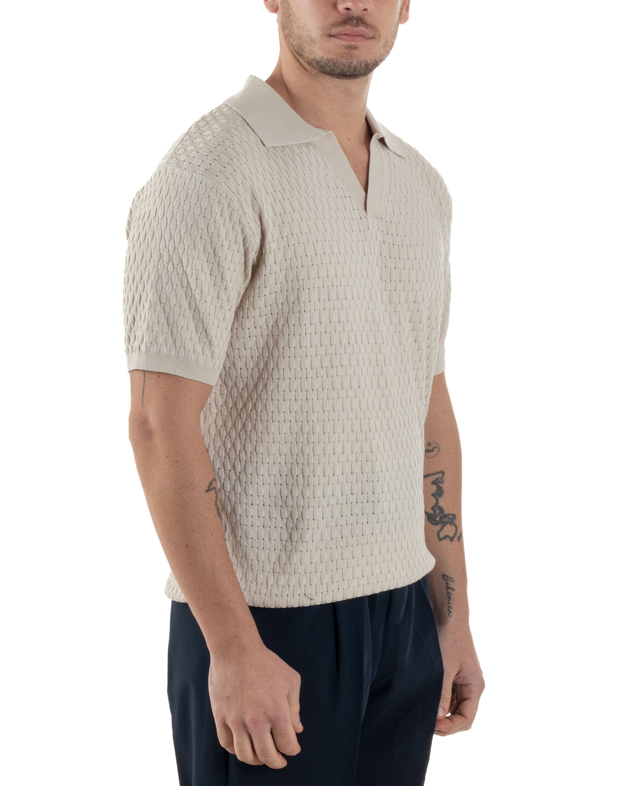 Polo Uomo Scollo V Maglia Lavorata T-Shirt Con Colletto Maniche Corte Tinta Unita Casual Beige GIOSAL-TS3114A