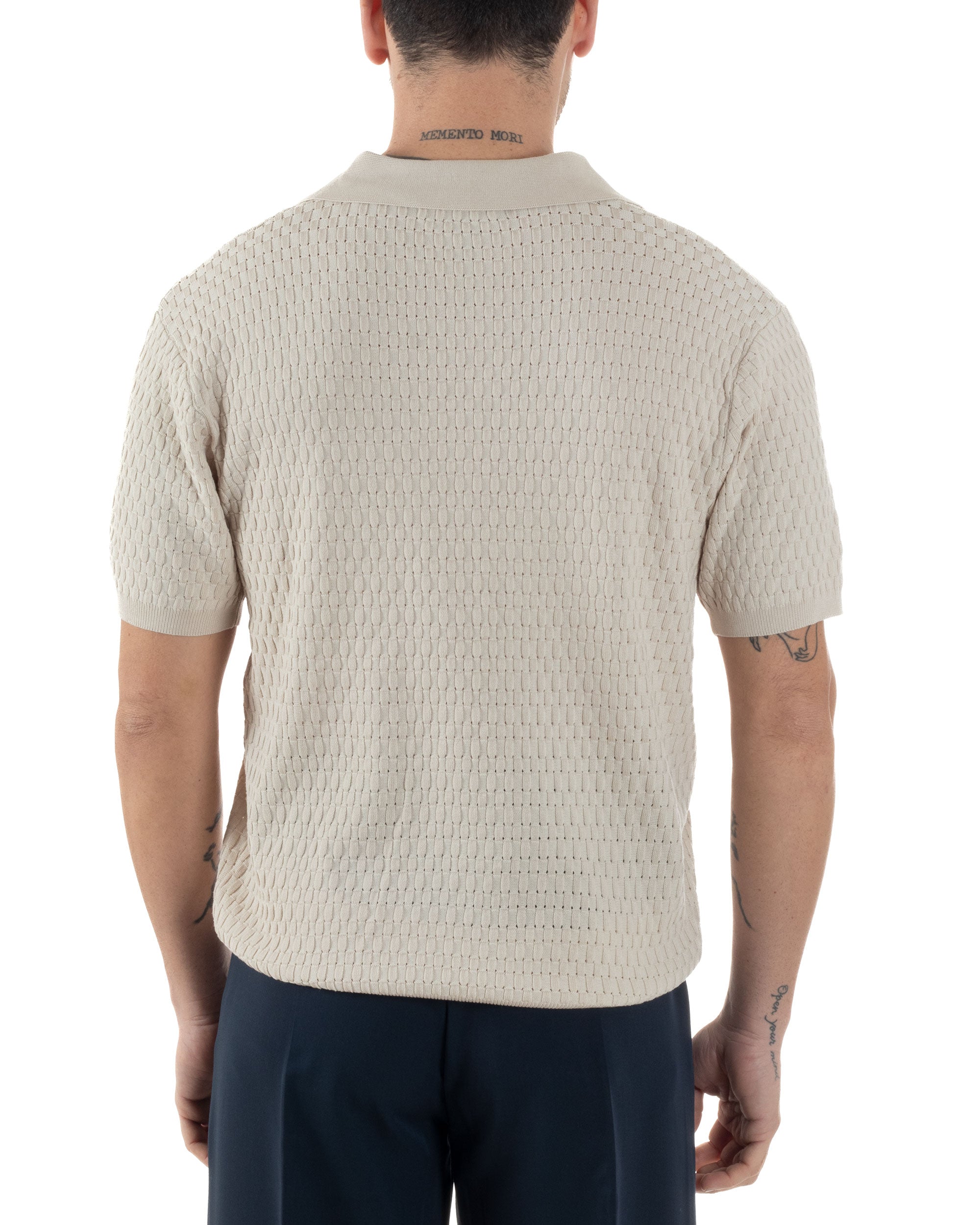 Polo Uomo Scollo V Maglia Lavorata T-Shirt Con Colletto Maniche Corte Tinta Unita Casual Beige GIOSAL-TS3114A