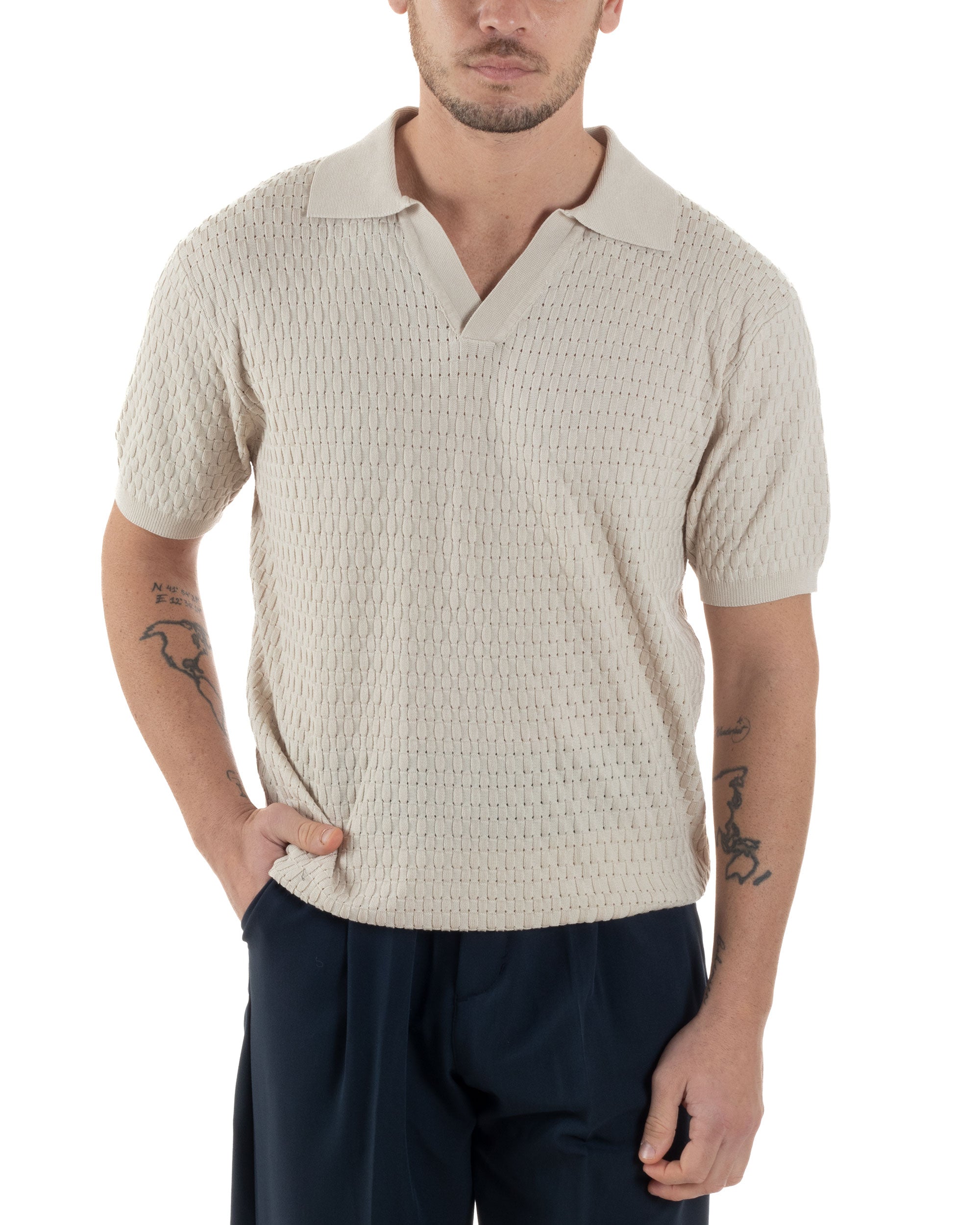Polo Uomo Scollo V Maglia Lavorata T-Shirt Con Colletto Maniche Corte Tinta Unita Casual Beige GIOSAL-TS3114A