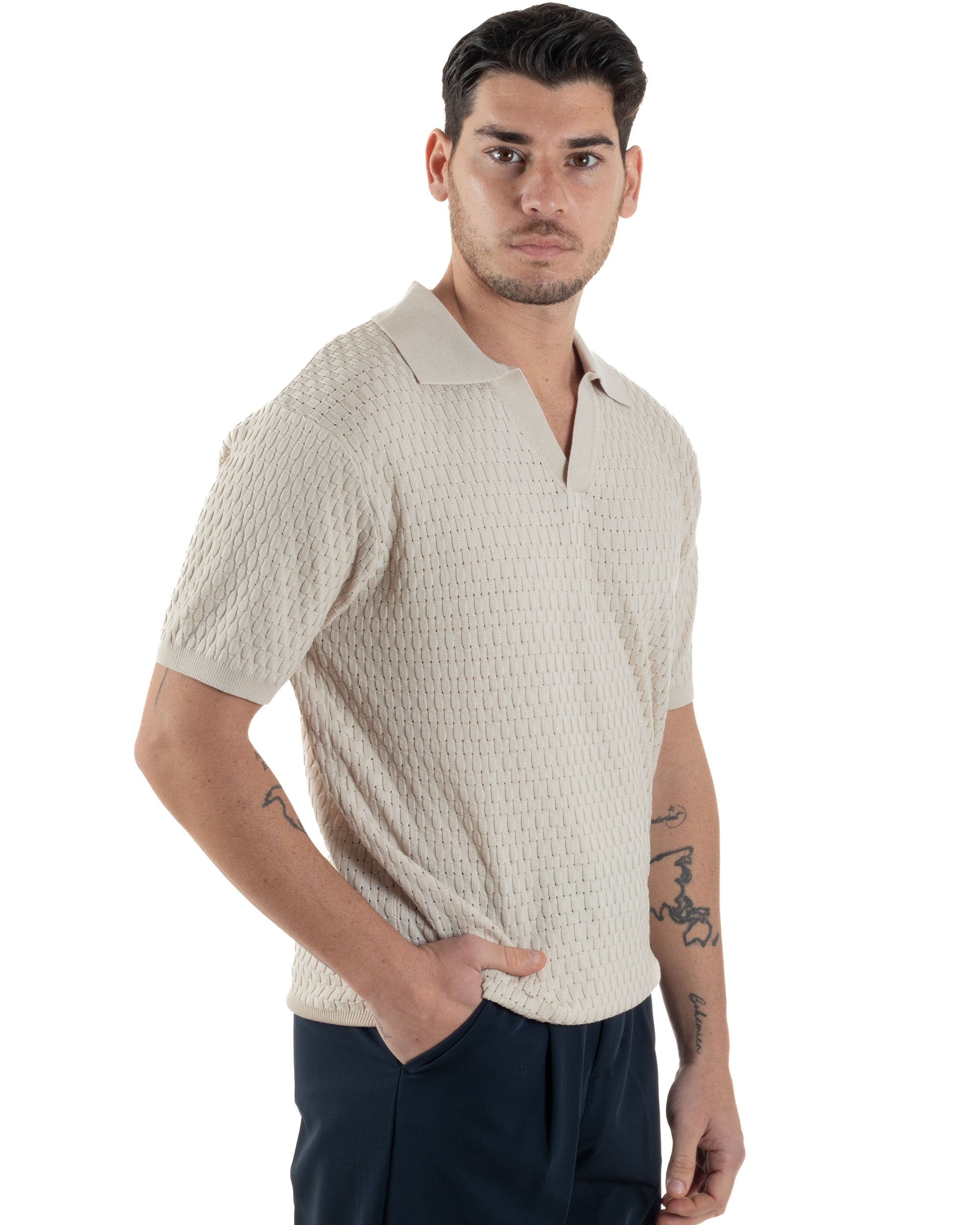 Polo Uomo Scollo V Maglia Lavorata T-Shirt Con Colletto Maniche Corte Tinta Unita Casual Beige GIOSAL-TS3114A