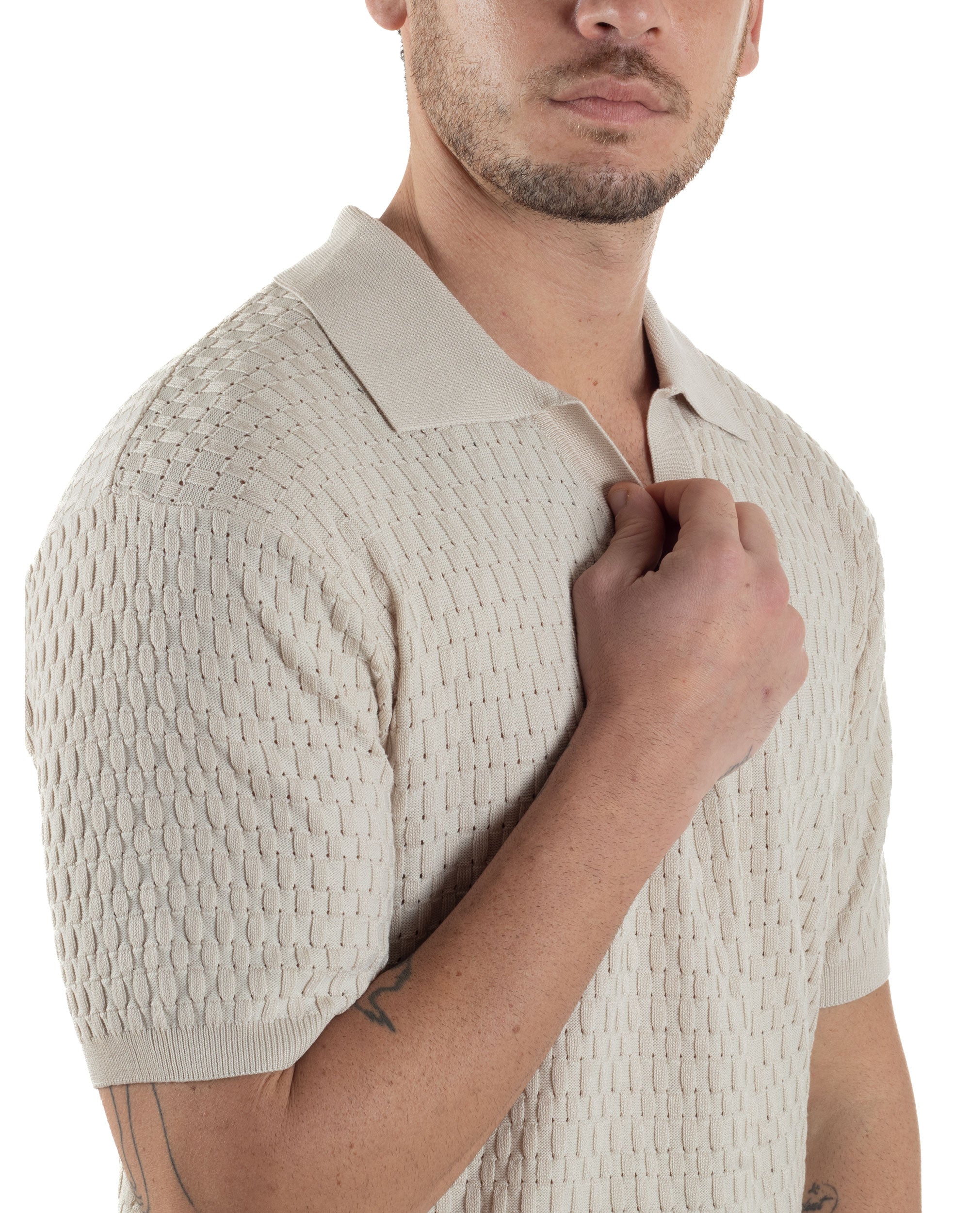Polo Uomo Scollo V Maglia Lavorata T-Shirt Con Colletto Maniche Corte Tinta Unita Casual Beige GIOSAL-TS3114A