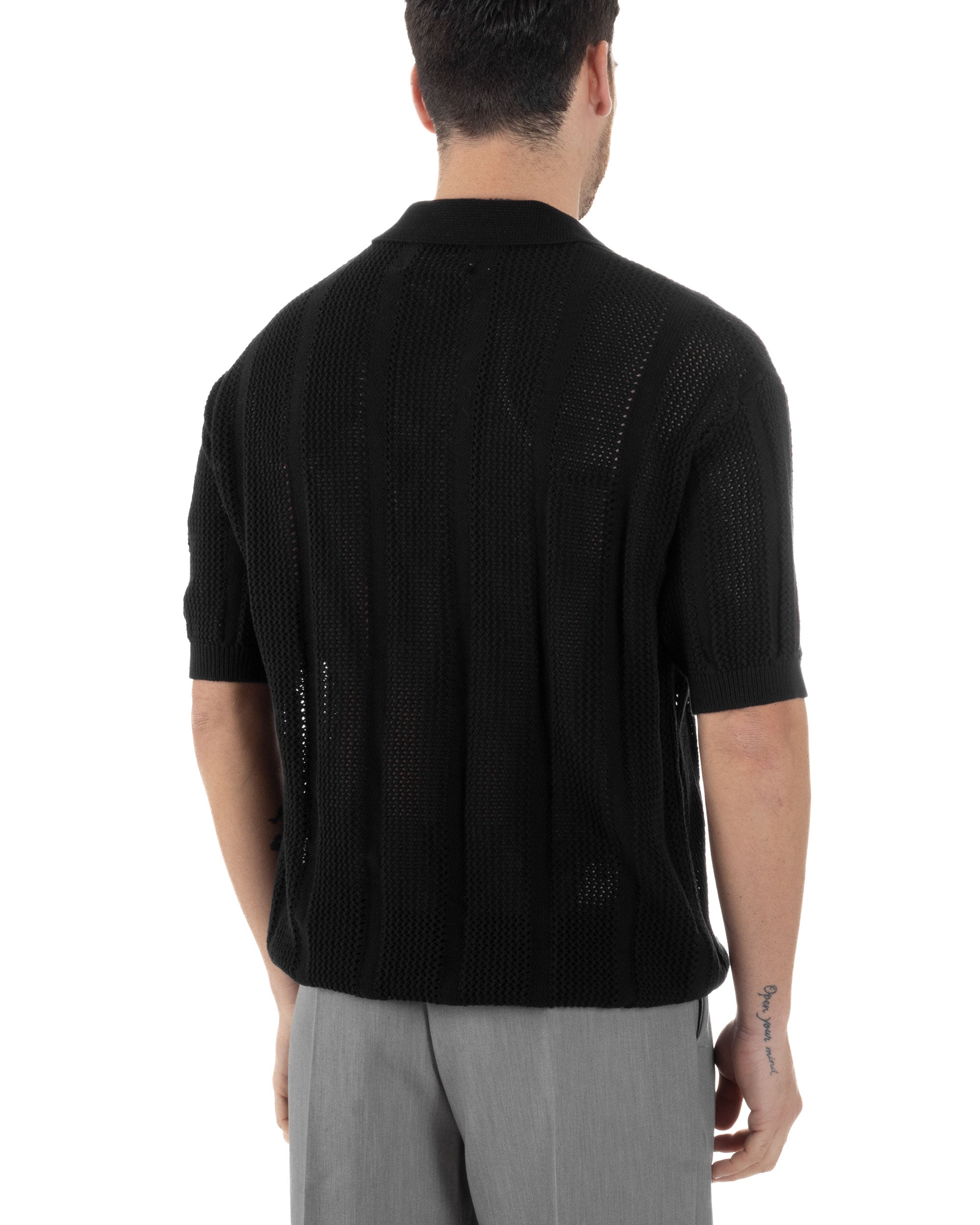 Polo Uomo Filo Traforata Scollo V T-Shirt Con Colletto Maniche Corte Lavorata Oversize Spalle Scese Nero GIOSAL-TS3115A