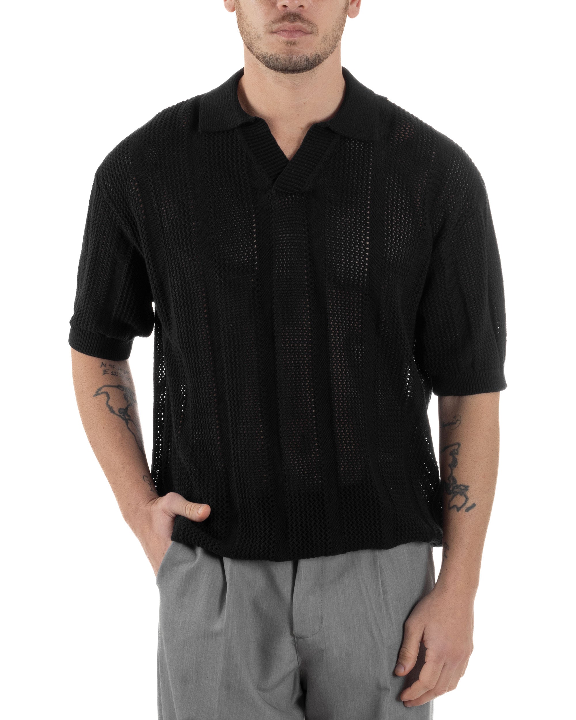 Polo Uomo Filo Traforata Scollo V T-Shirt Con Colletto Maniche Corte Lavorata Oversize Spalle Scese Nero GIOSAL-TS3115A