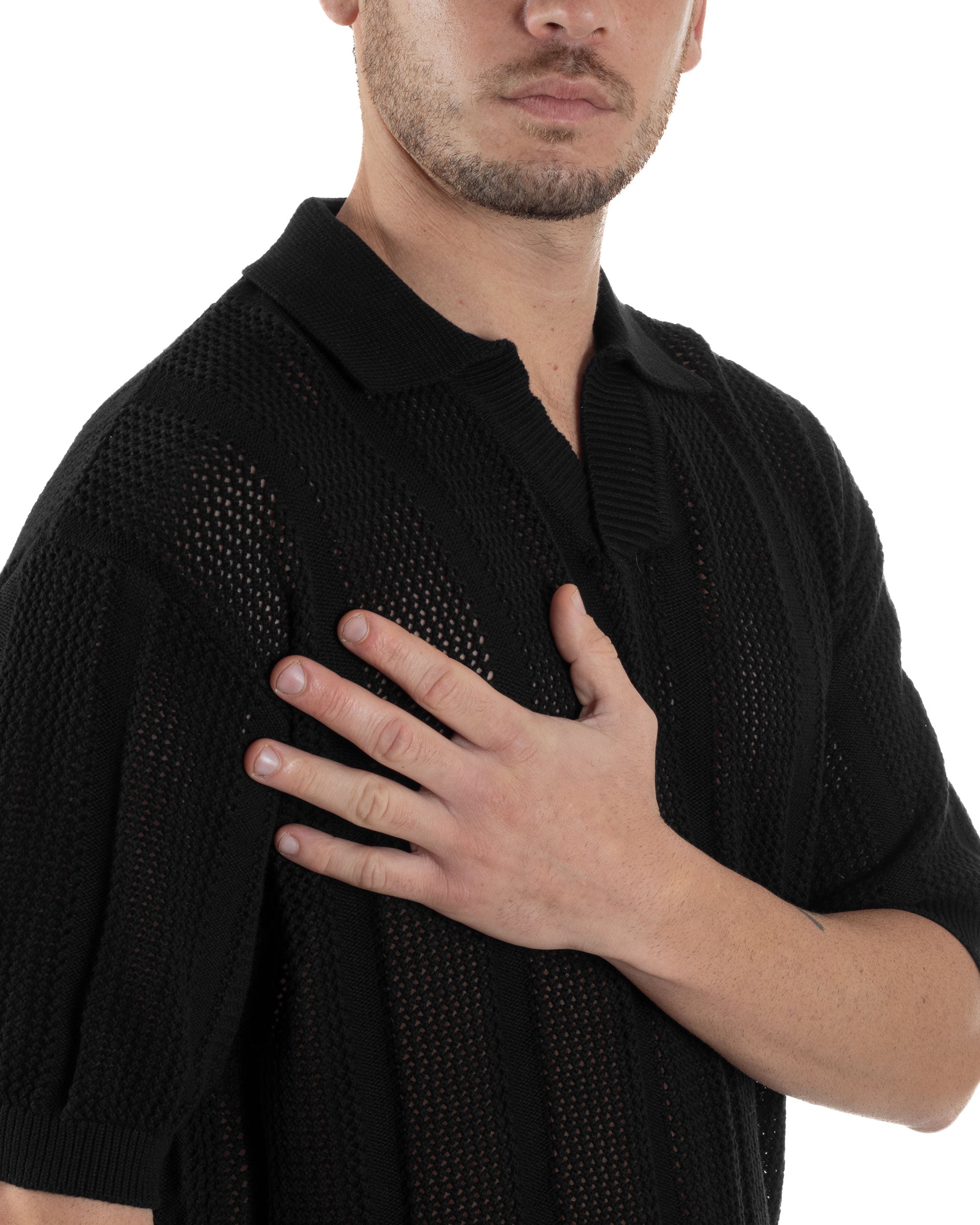 Polo Uomo Filo Traforata Scollo V T-Shirt Con Colletto Maniche Corte Lavorata Oversize Spalle Scese Nero GIOSAL-TS3115A