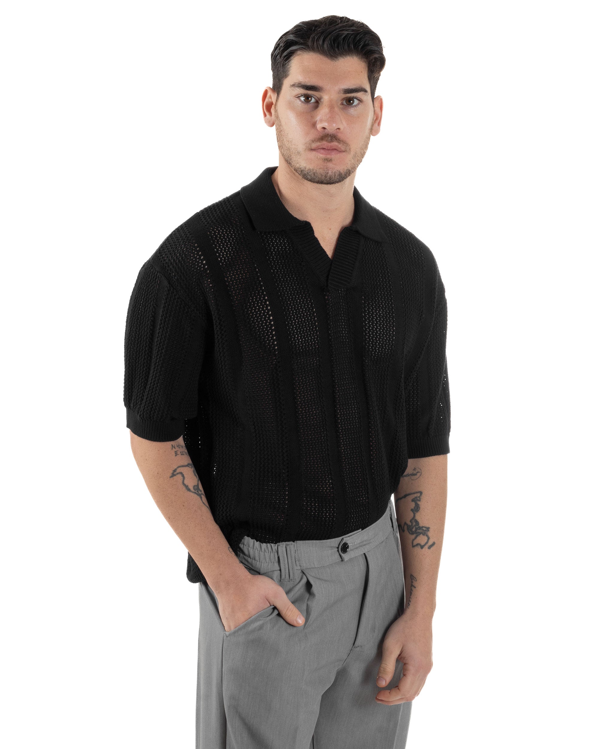 Polo Uomo Filo Traforata Scollo V T-Shirt Con Colletto Maniche Corte Lavorata Oversize Spalle Scese Nero GIOSAL-TS3115A