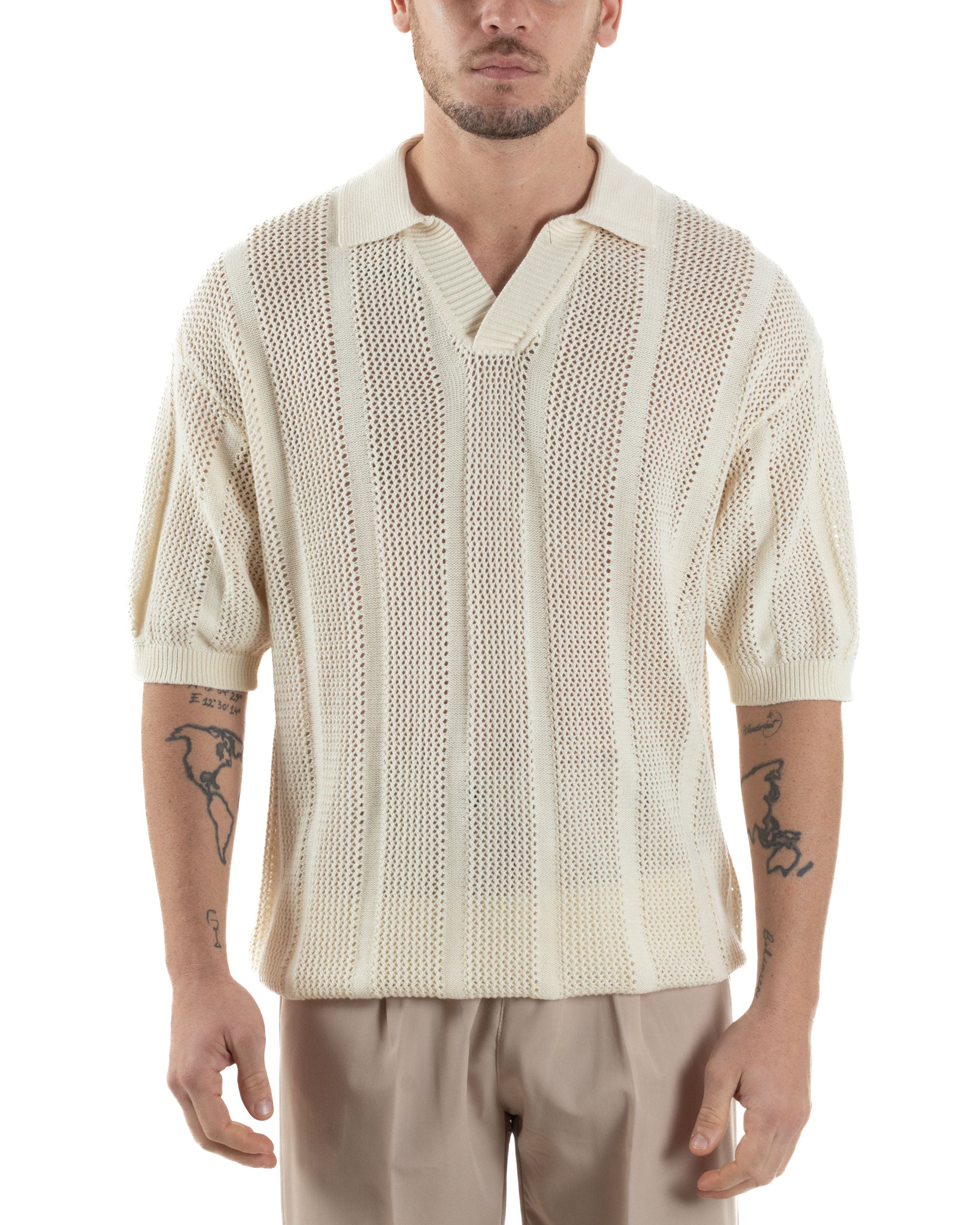 Polo Uomo Filo Traforata Scollo V T-Shirt Con Colletto Maniche Corte Lavorata Oversize Spalle Scese Panna GIOSAL-TS3116A