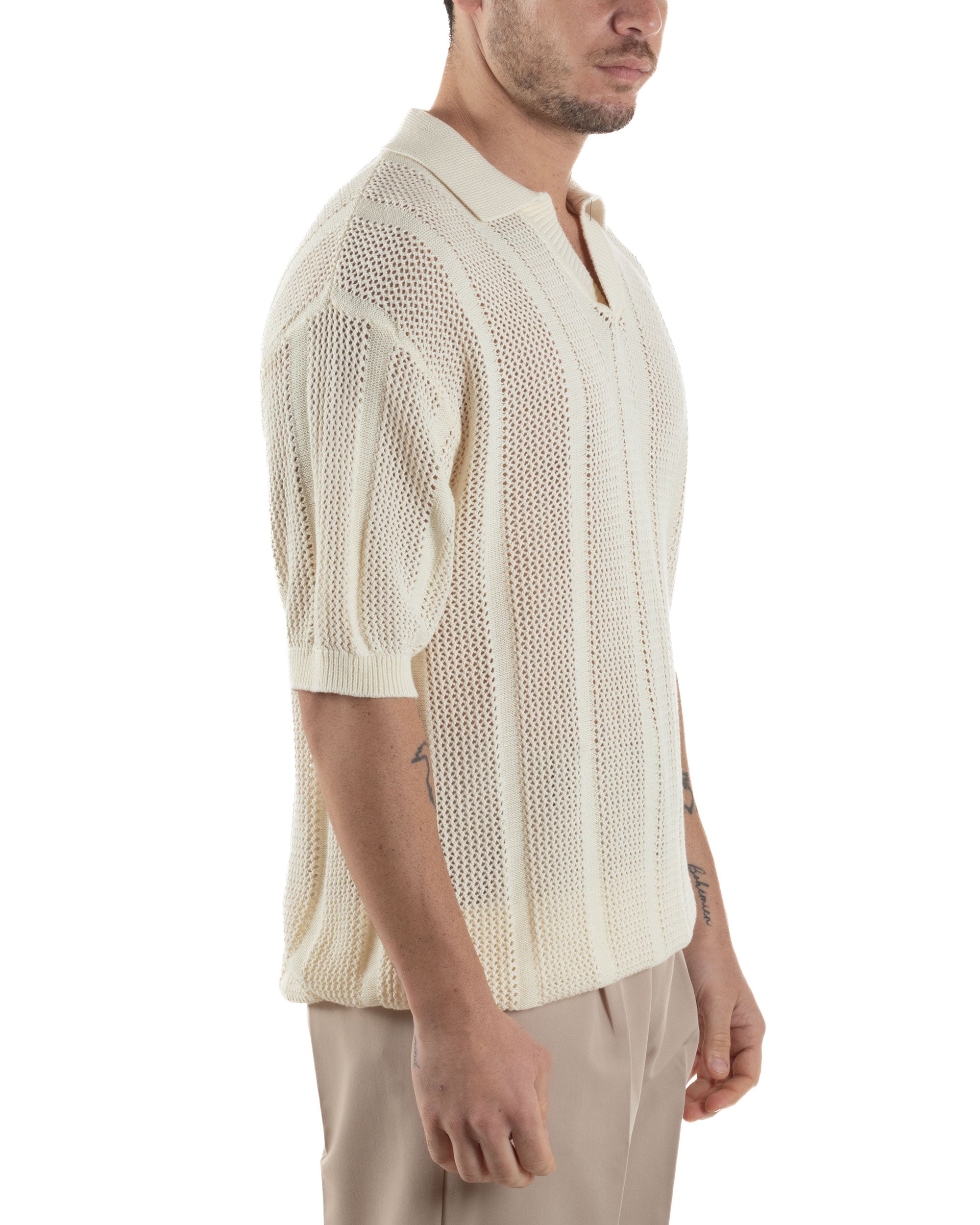 Polo Uomo Filo Traforata Scollo V T-Shirt Con Colletto Maniche Corte Lavorata Oversize Spalle Scese Panna GIOSAL-TS3116A