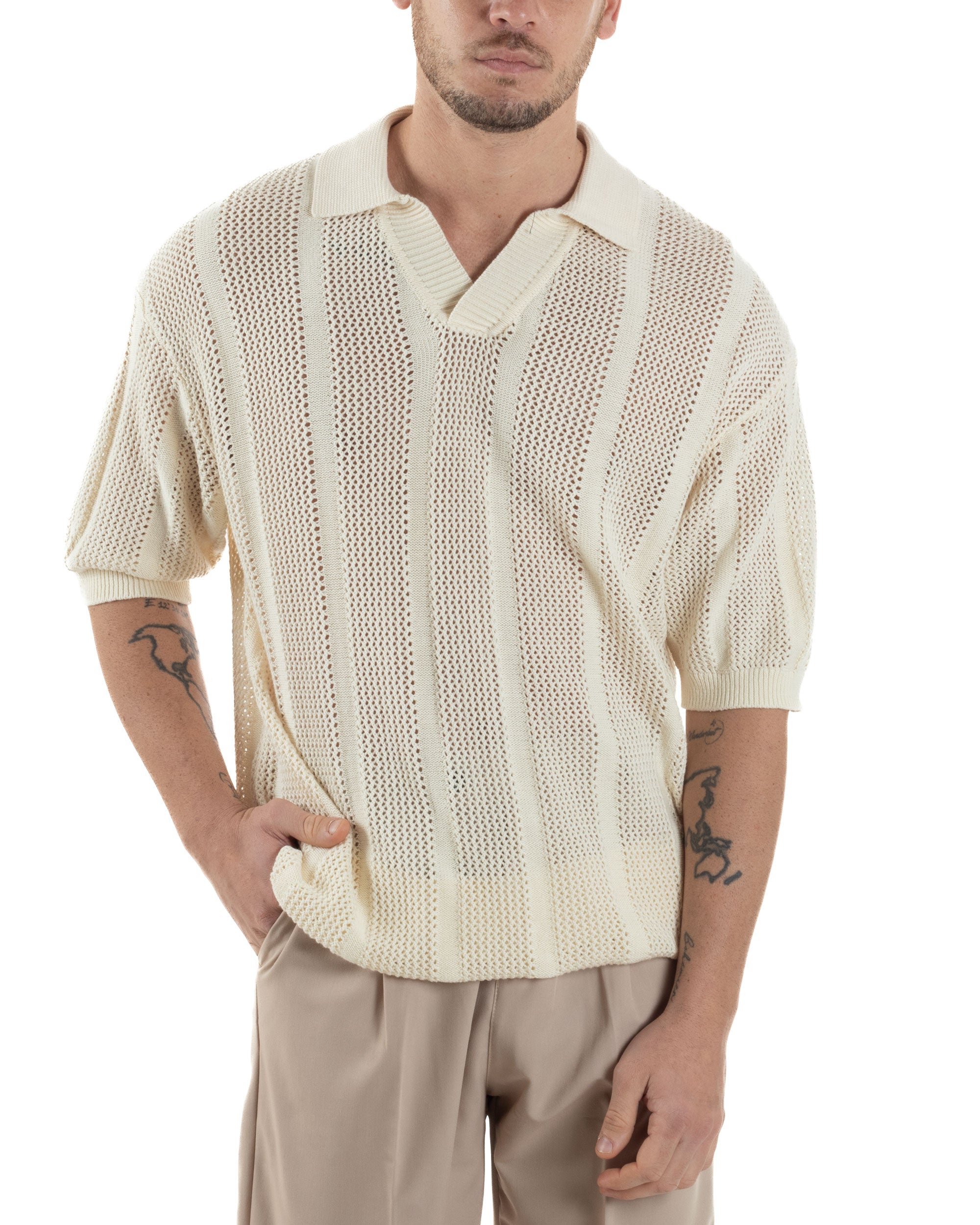 Polo Uomo Filo Traforata Scollo V T-Shirt Con Colletto Maniche Corte Lavorata Oversize Spalle Scese Panna GIOSAL-TS3116A