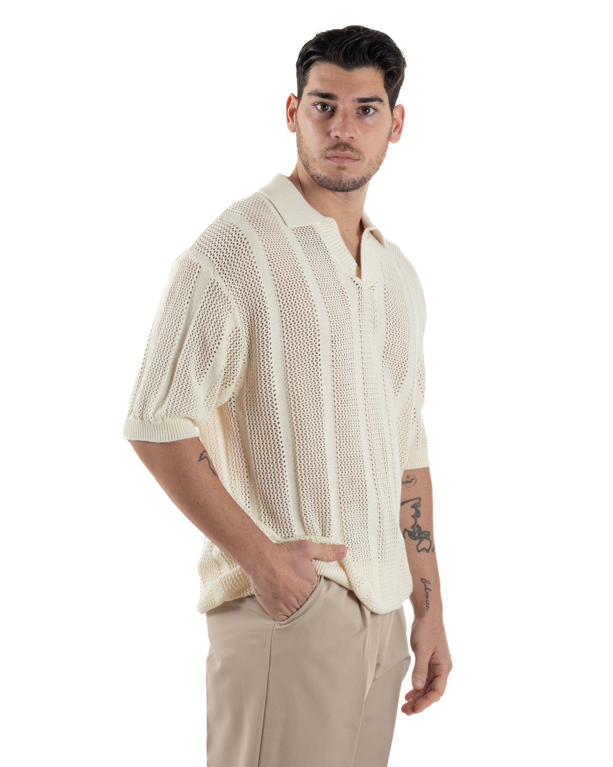 Polo Uomo Filo Traforata Scollo V T-Shirt Con Colletto Maniche Corte Lavorata Oversize Spalle Scese Panna GIOSAL-TS3116A