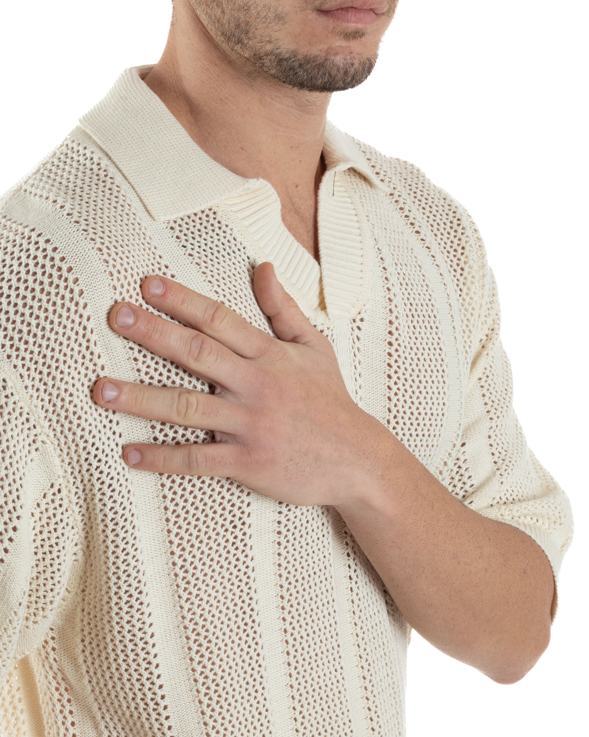 Polo Uomo Filo Traforata Scollo V T-Shirt Con Colletto Maniche Corte Lavorata Oversize Spalle Scese Panna GIOSAL-TS3116A