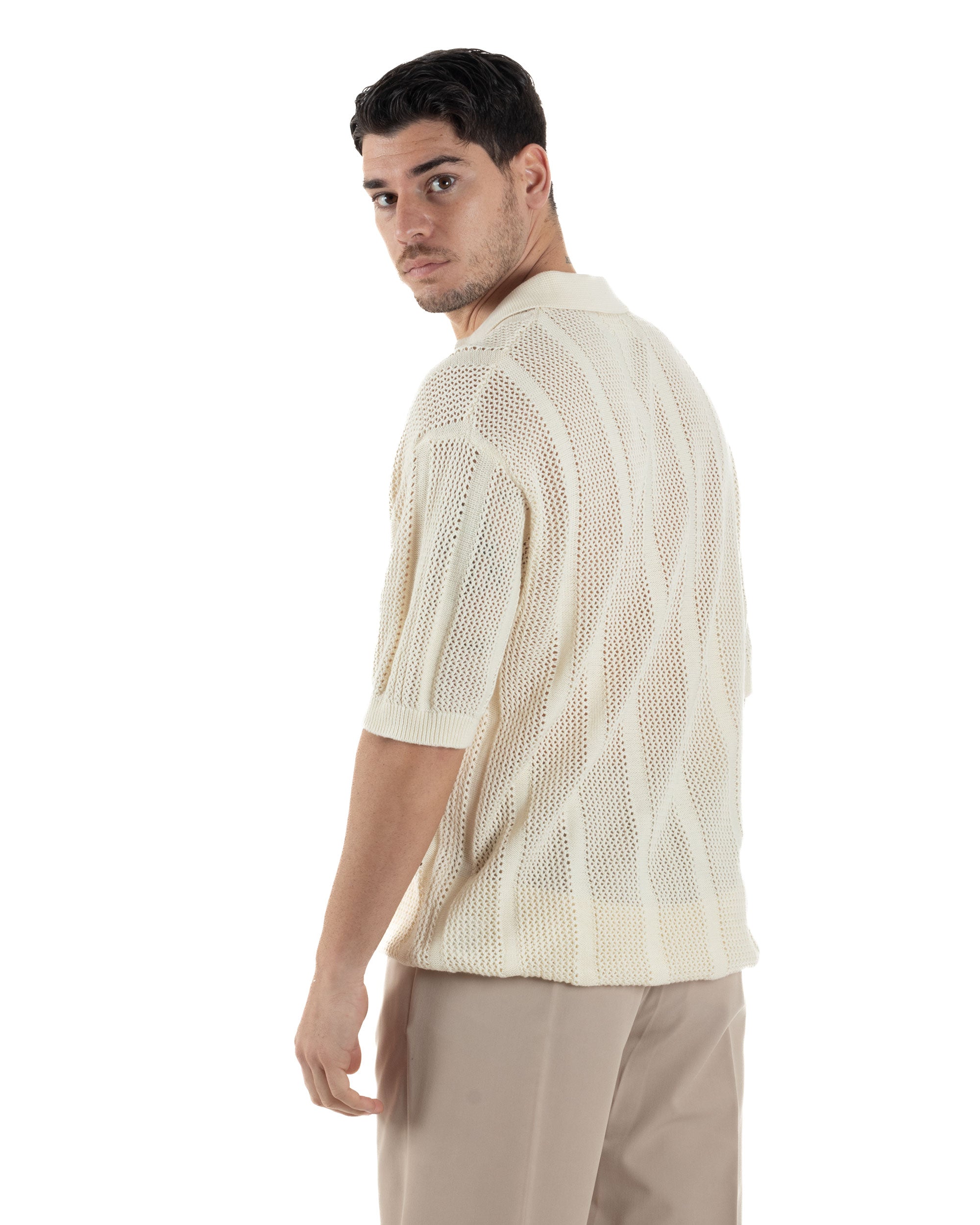 Polo Uomo Filo Traforata Scollo V T-Shirt Con Colletto Maniche Corte Lavorata Oversize Spalle Scese Panna GIOSAL-TS3116A