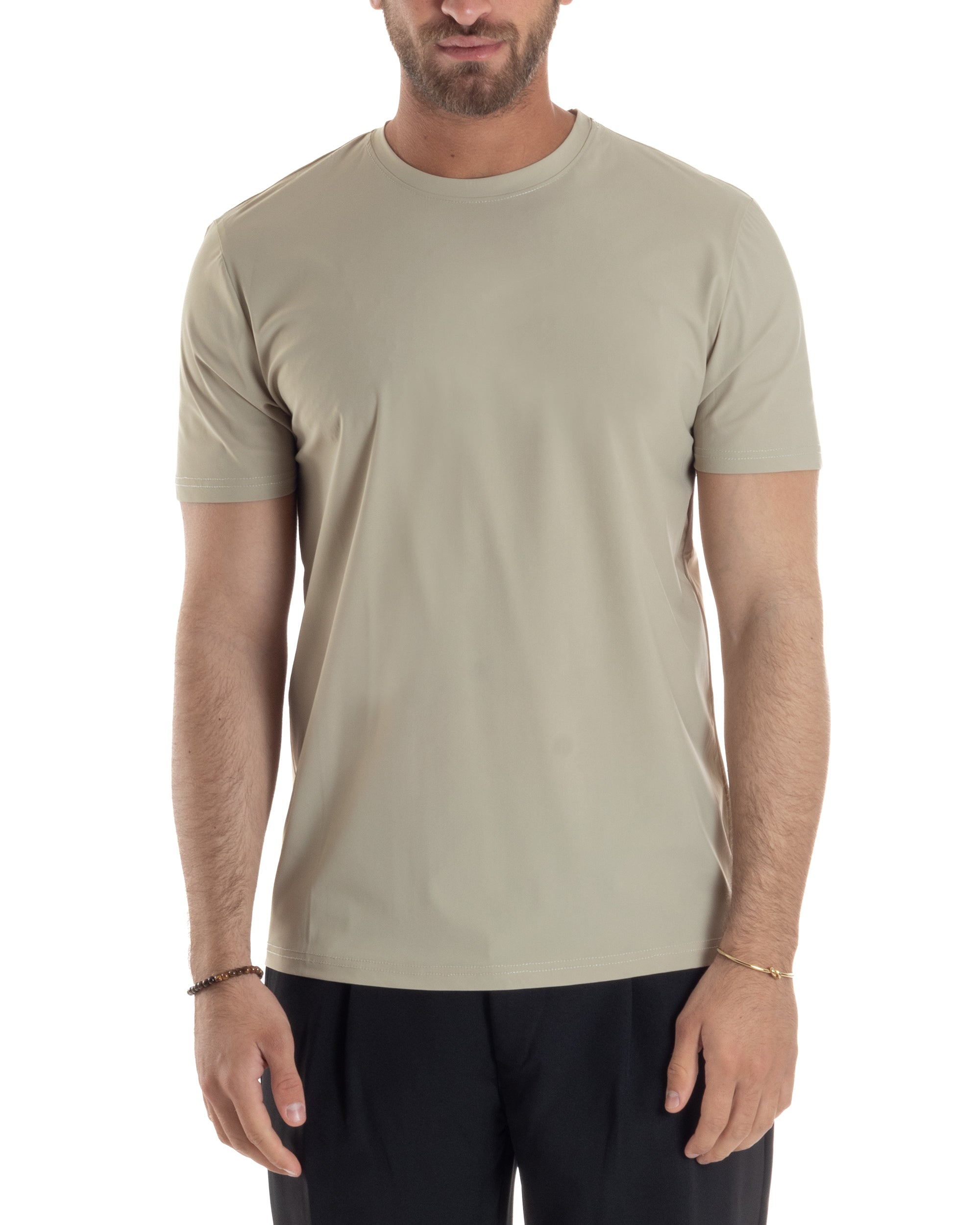 GIOSAL-TS3129A Basic-T-Shirt aus beigefarbener, bügelfreier Viskose