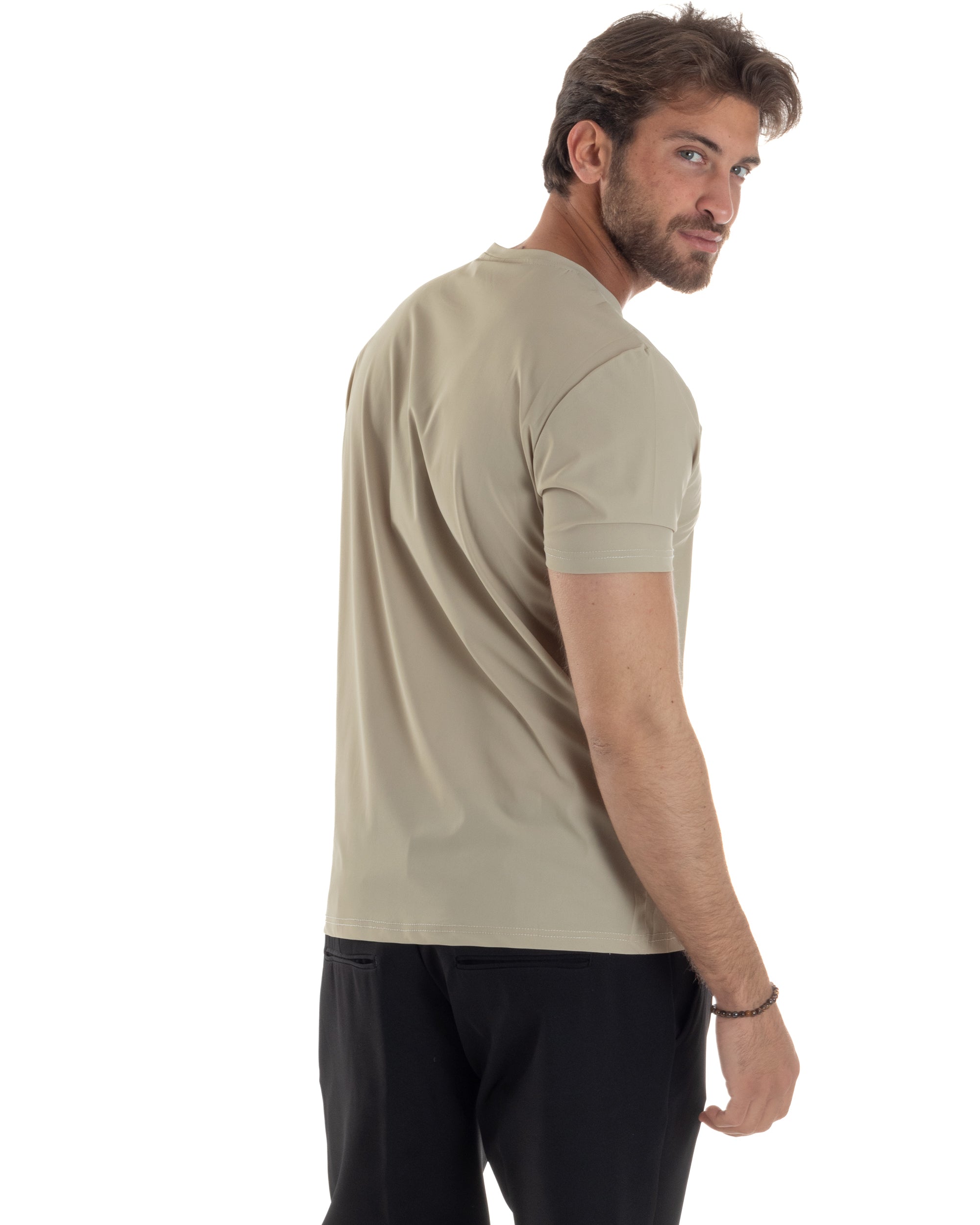 GIOSAL-TS3129A Basic-T-Shirt aus beigefarbener, bügelfreier Viskose
