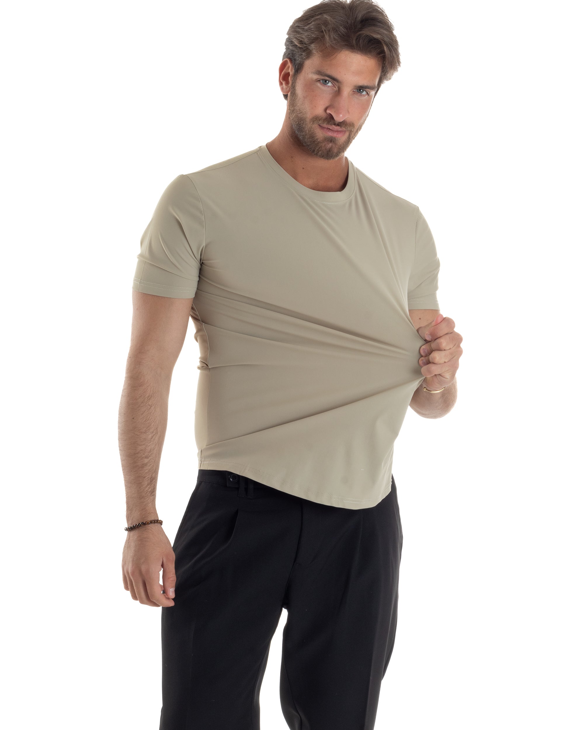 GIOSAL-TS3129A Basic-T-Shirt aus beigefarbener, bügelfreier Viskose