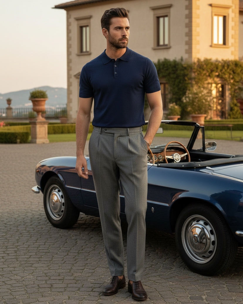 Polo Uomo Filo Maglia Con Colletto T-Shirt Sottogiacca Leggera Blu TS3131A