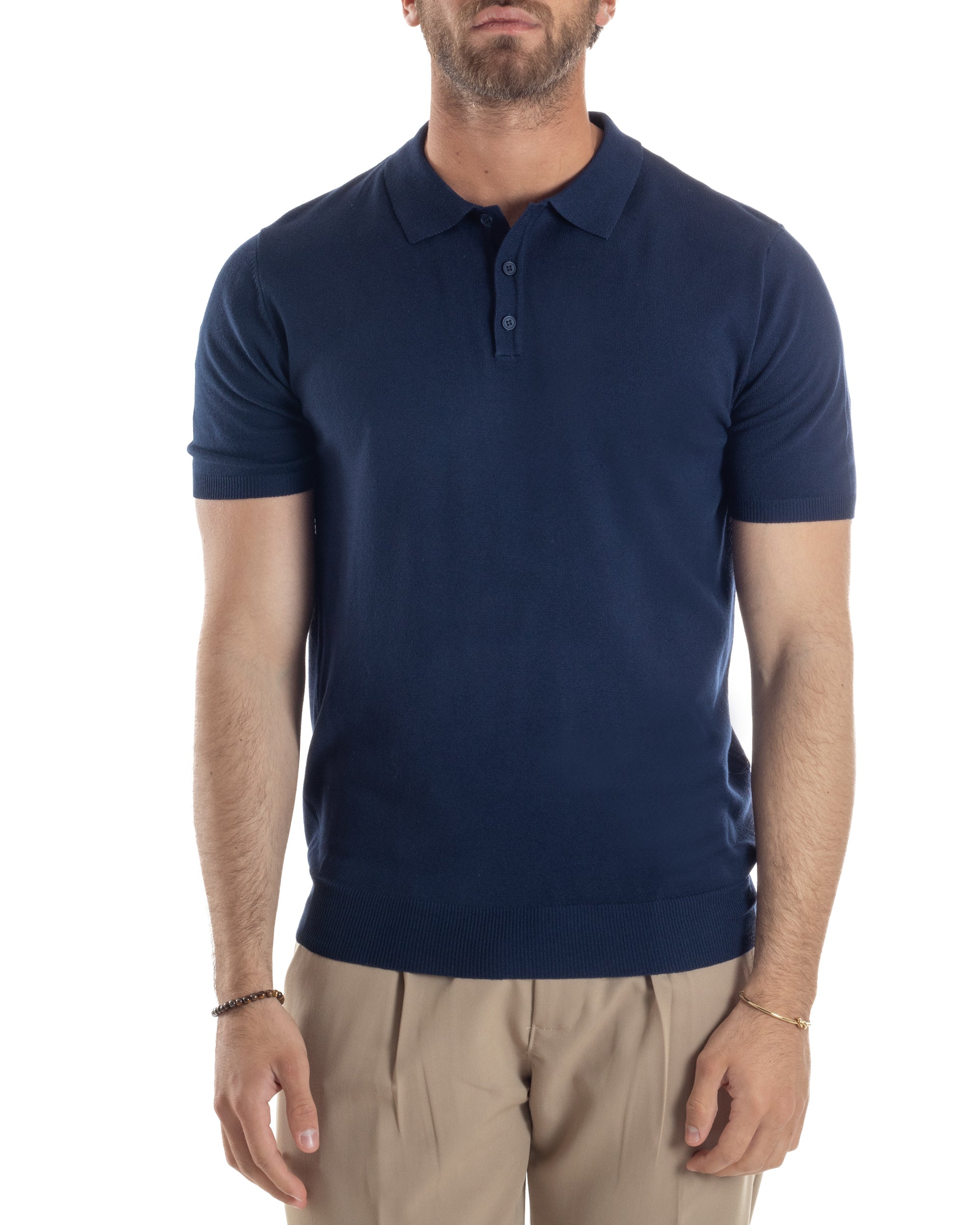 Polo Uomo Filo Maglia Con Colletto Bottoni Casual T-Shirt Sottogiacca Leggera Tinta Unita Blu GIOSAL-TS3131A