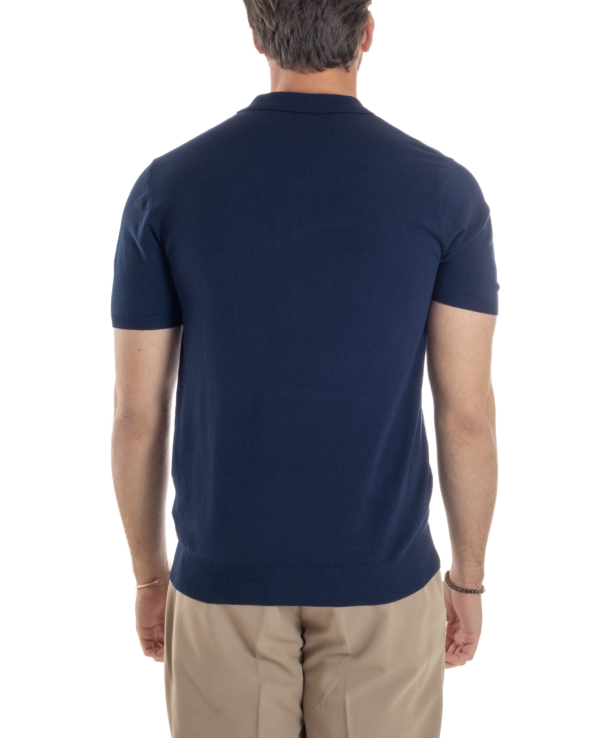 Polo Uomo Filo Maglia Con Colletto Bottoni Casual T-Shirt Sottogiacca Leggera Tinta Unita Blu GIOSAL-TS3131A