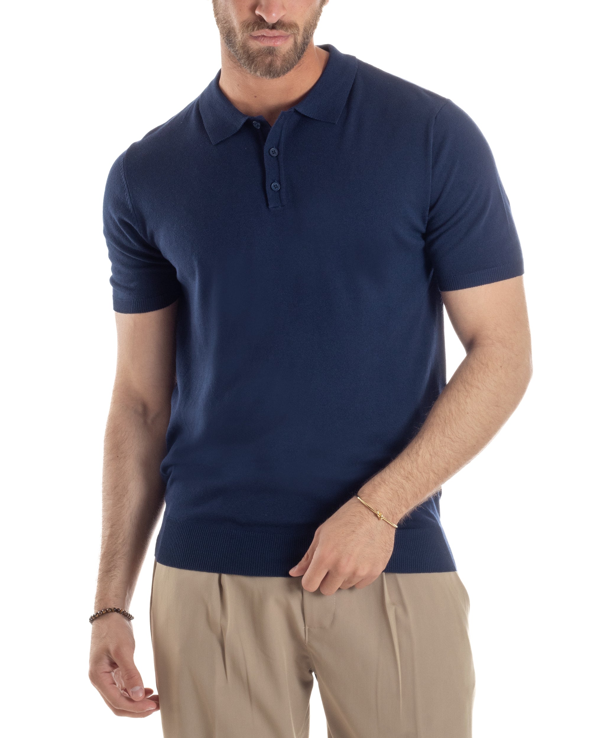 Polo Uomo Filo Maglia Con Colletto Bottoni Casual T-Shirt Sottogiacca Leggera Tinta Unita Blu GIOSAL-TS3131A