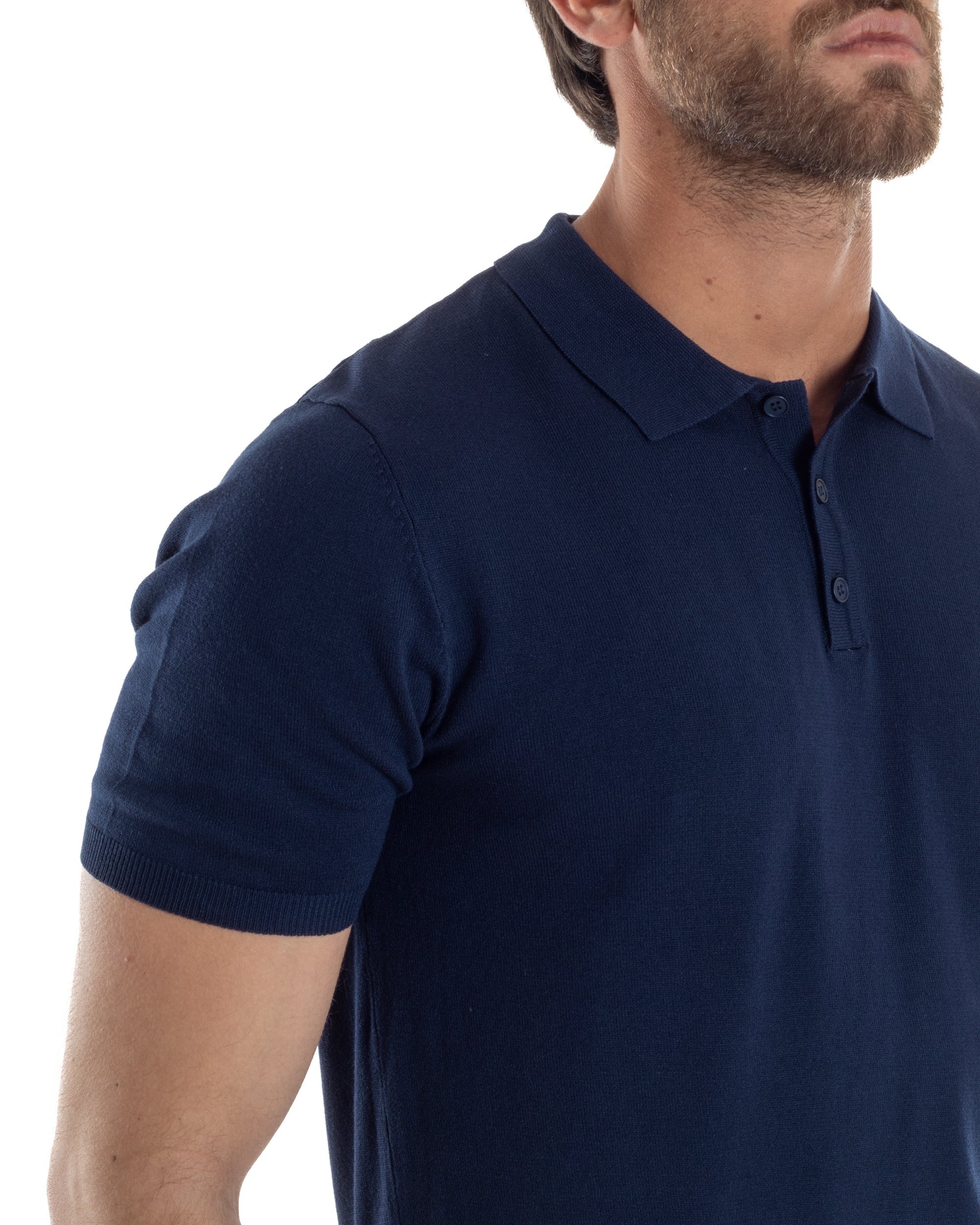 Polo Uomo Filo Maglia Con Colletto Bottoni Casual T-Shirt Sottogiacca Leggera Tinta Unita Blu GIOSAL-TS3131A