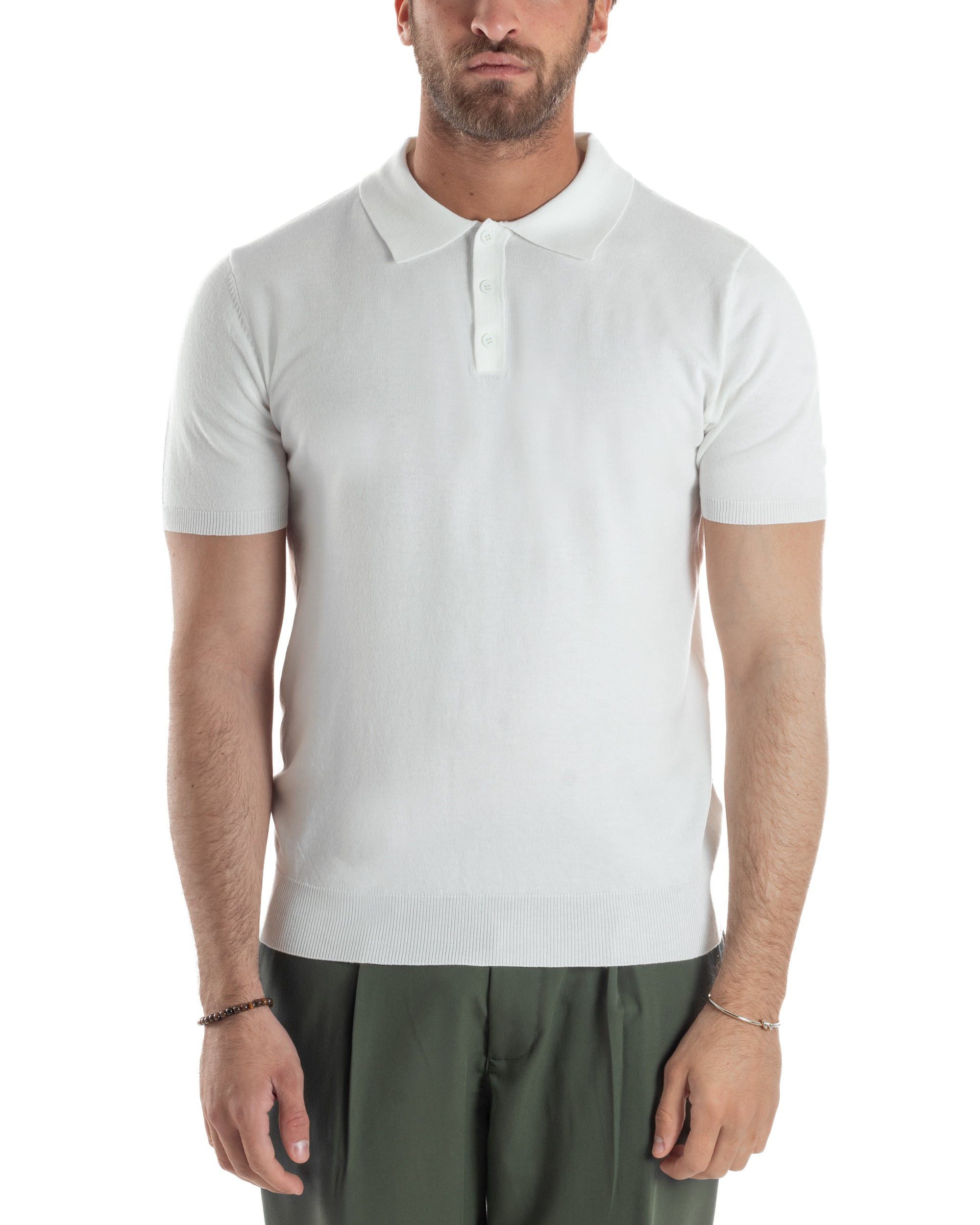 Polo Uomo Filo Maglia Con Colletto Bottoni Casual T-Shirt Sottogiacca Leggera Tinta Unita Bianco GIOSAL-TS3132A