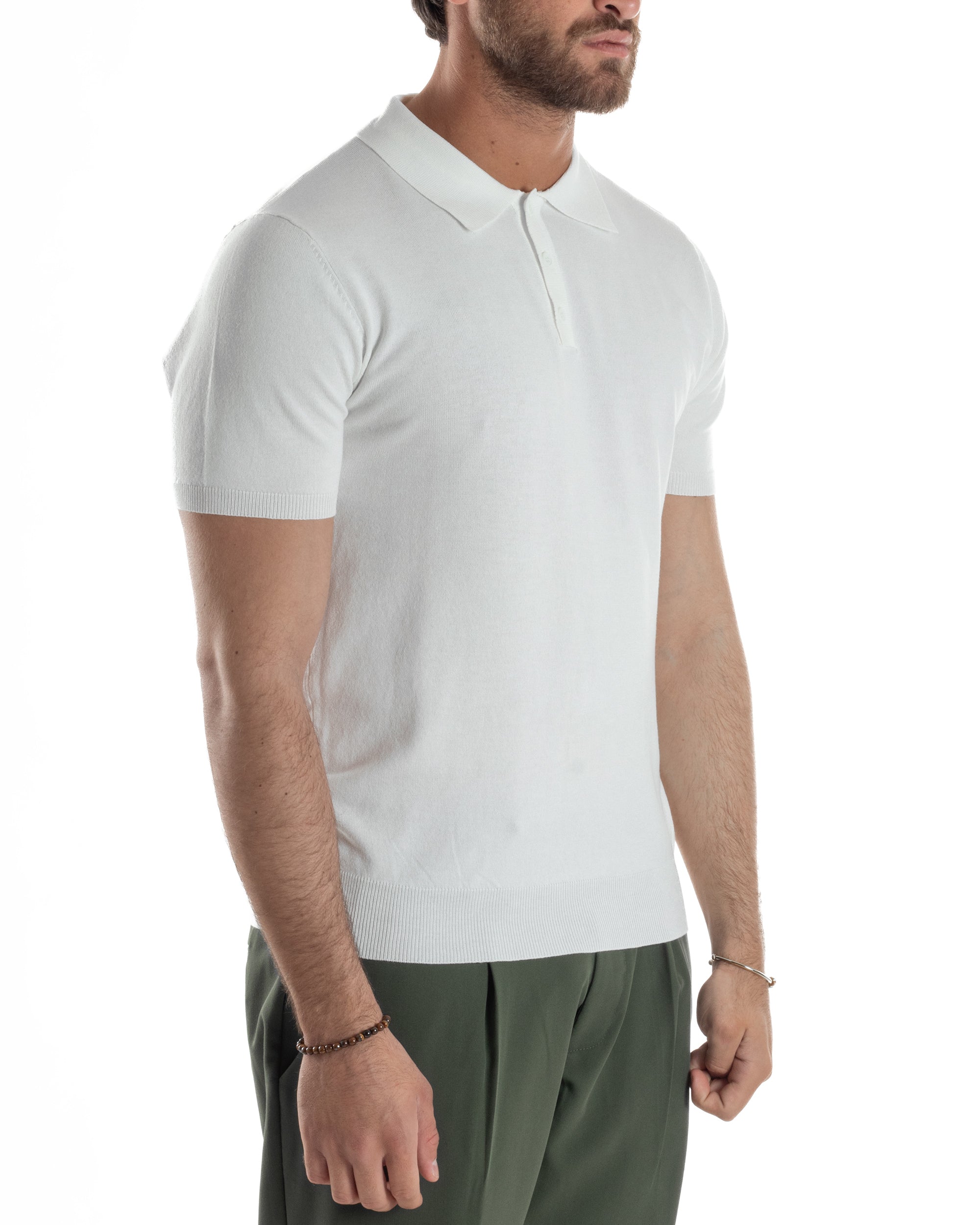 Polo Uomo Filo Maglia Con Colletto Bottoni Casual T-Shirt Sottogiacca Leggera Tinta Unita Bianco GIOSAL-TS3132A