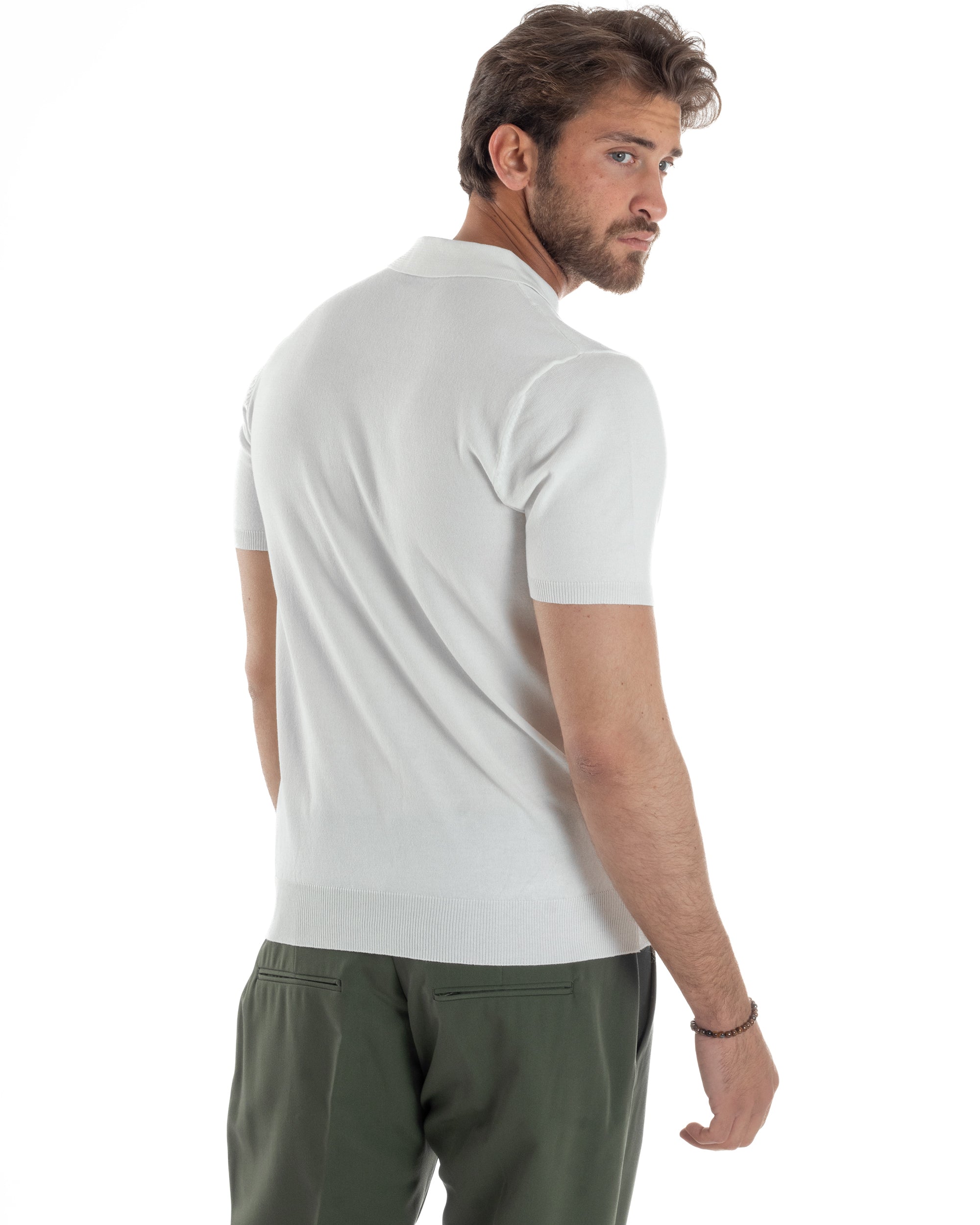 Polo Uomo Filo Maglia Con Colletto Bottoni Casual T-Shirt Sottogiacca Leggera Tinta Unita Bianco GIOSAL-TS3132A