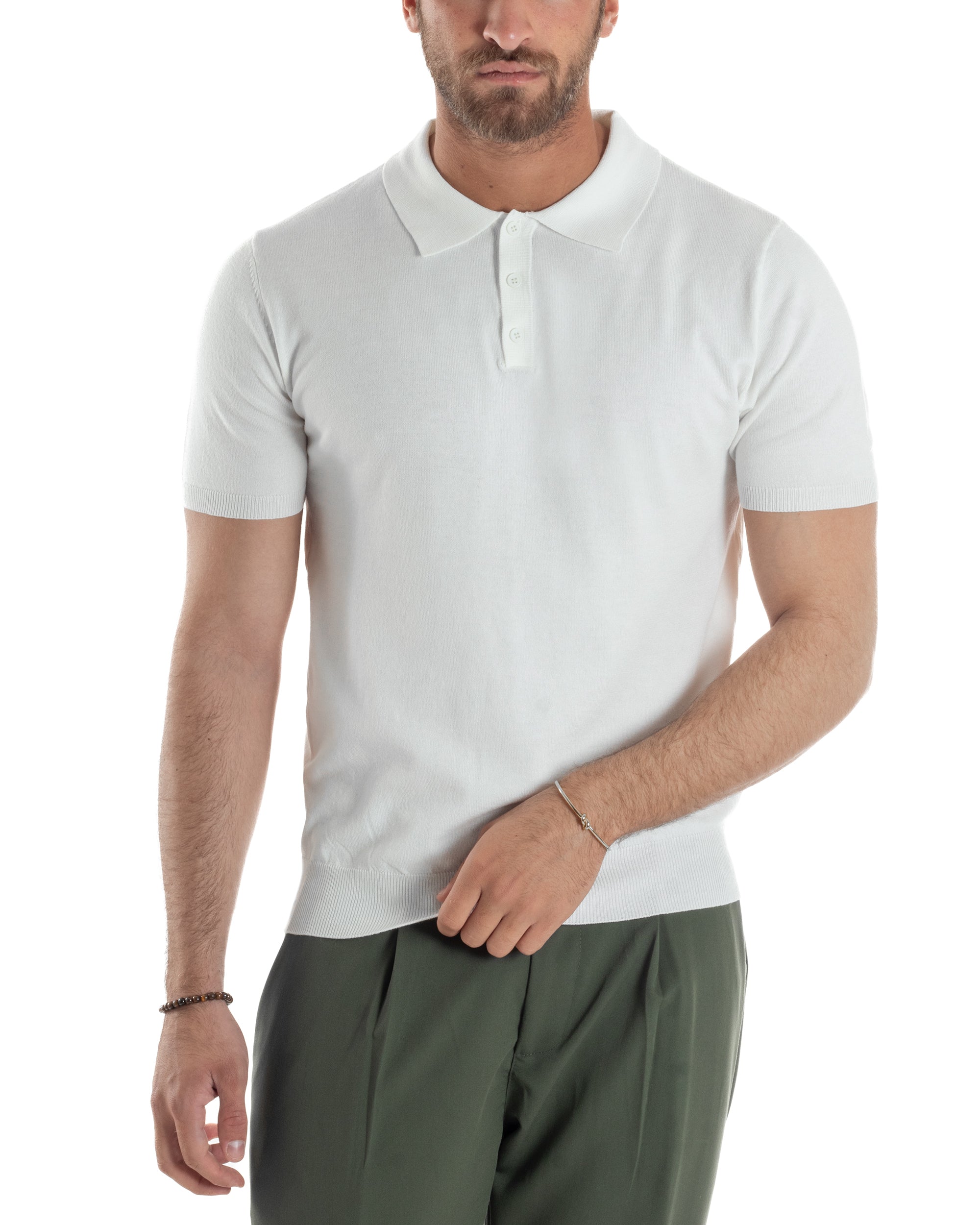 Polo Uomo Filo Maglia Con Colletto Bottoni Casual T-Shirt Sottogiacca Leggera Tinta Unita Bianco GIOSAL-TS3132A