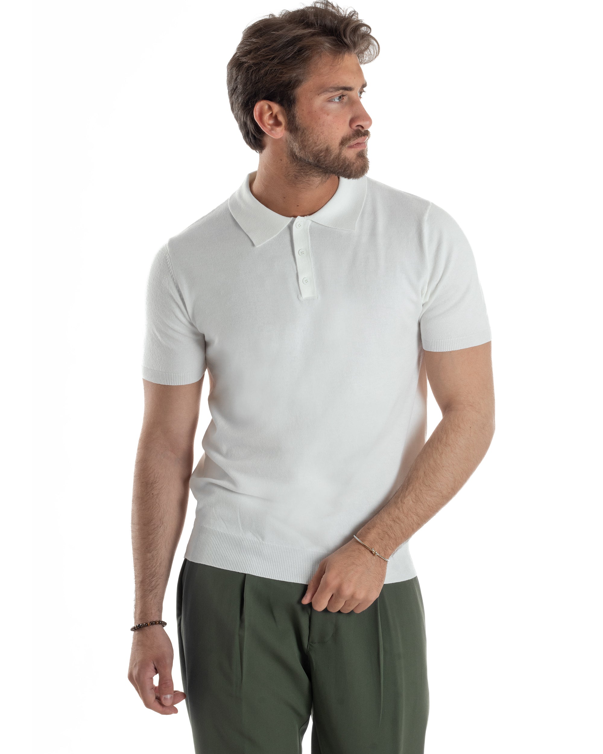 Polo Uomo Filo Maglia Con Colletto Bottoni Casual T-Shirt Sottogiacca Leggera Tinta Unita Bianco GIOSAL-TS3132A