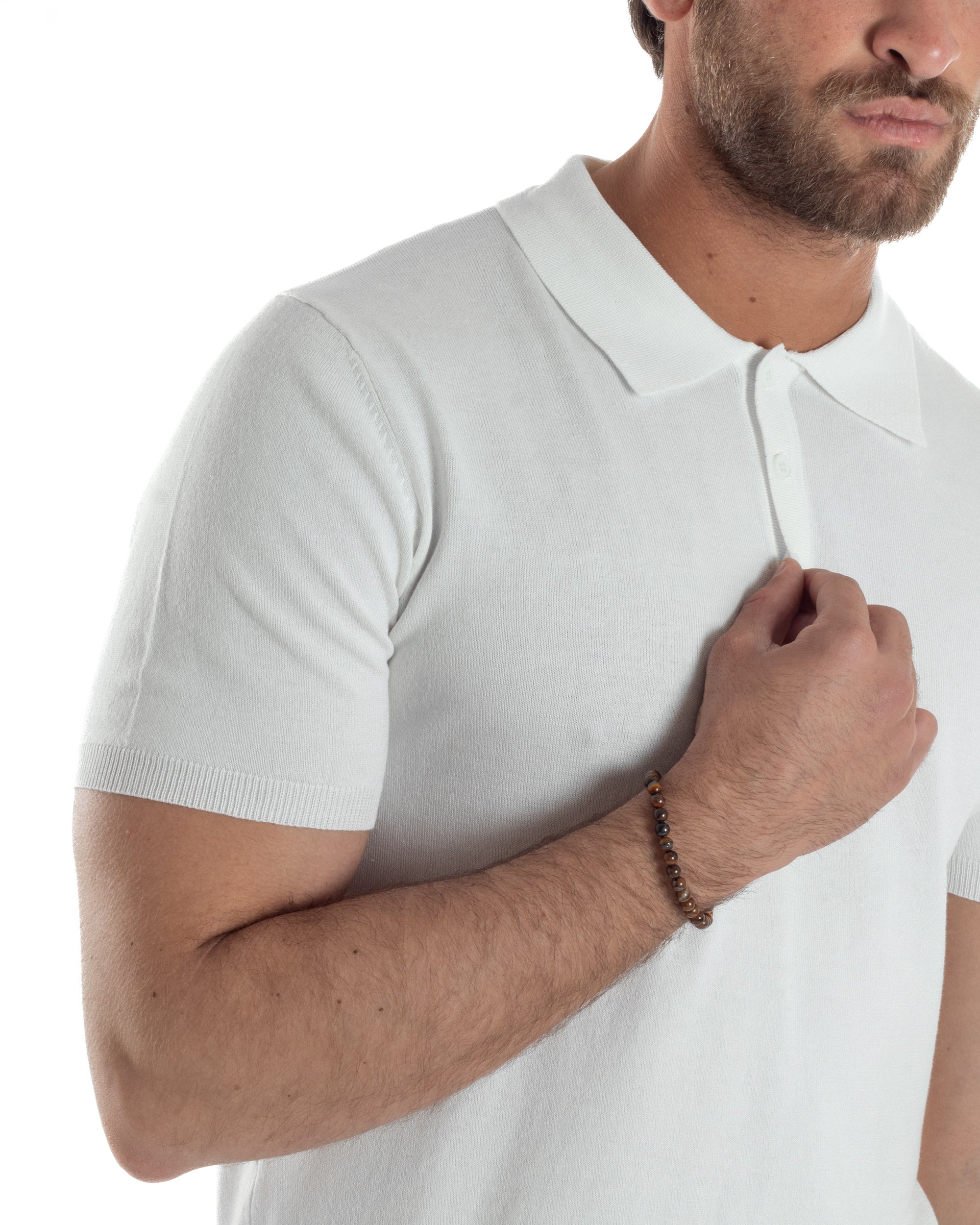 Polo Uomo Filo Maglia Con Colletto Bottoni Casual T-Shirt Sottogiacca Leggera Tinta Unita Bianco GIOSAL-TS3132A