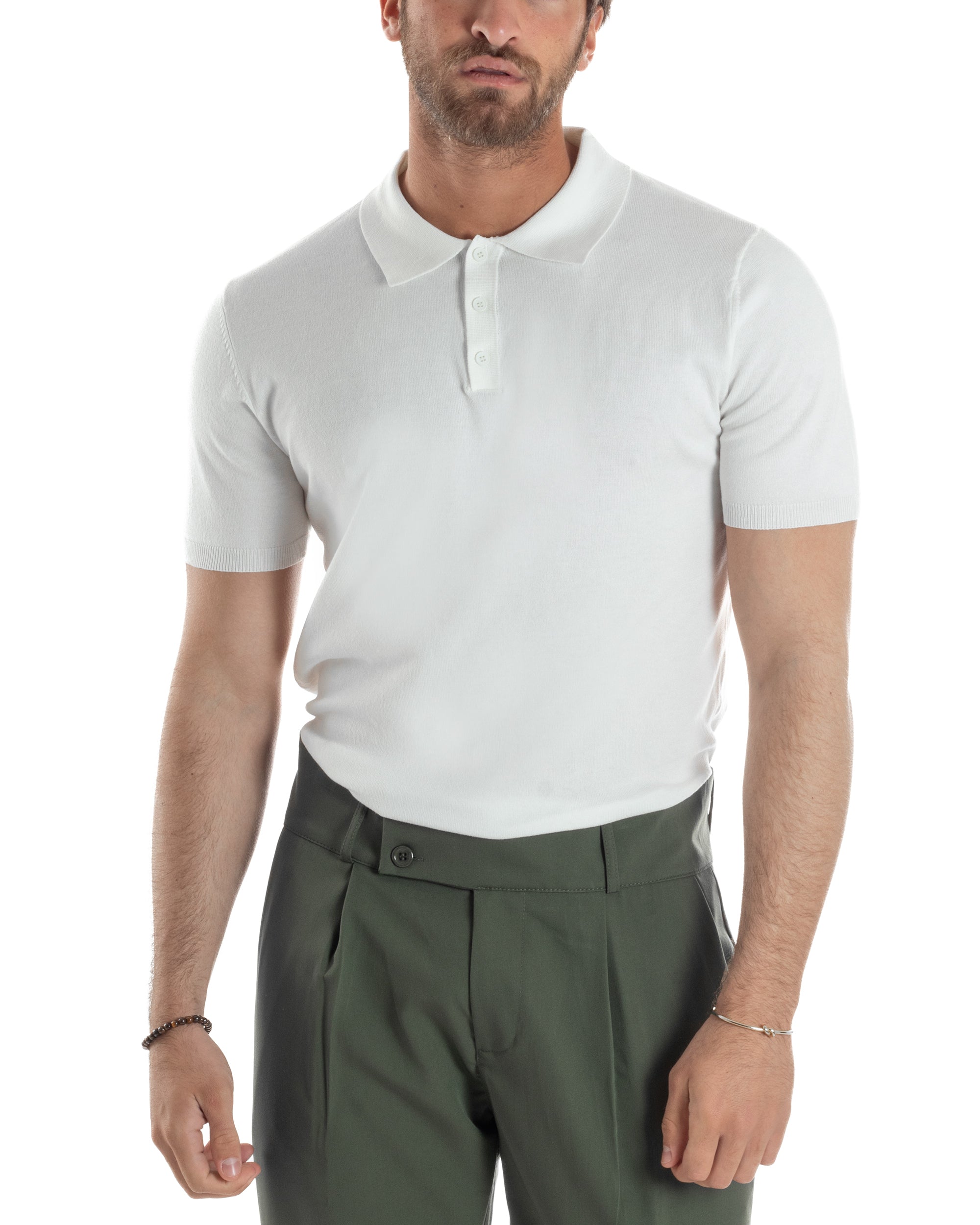 Polo Uomo Filo Maglia Con Colletto Bottoni Casual T-Shirt Sottogiacca Leggera Tinta Unita Bianco GIOSAL-TS3132A
