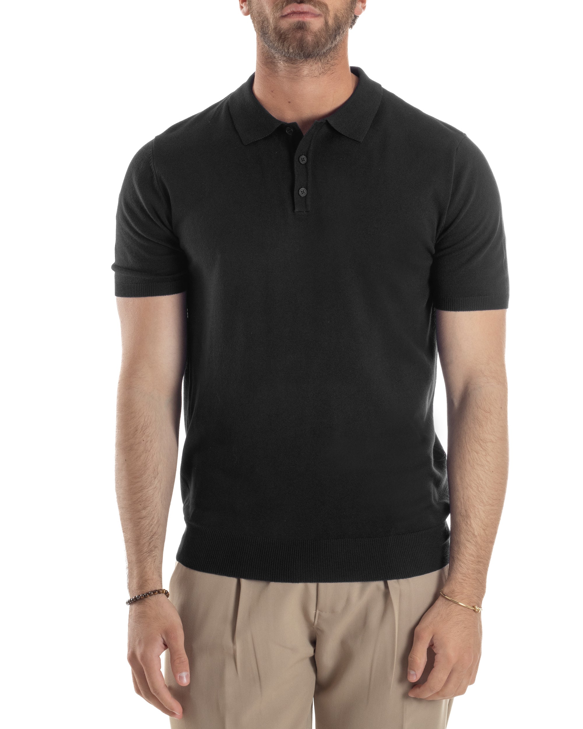 Polo Uomo Filo Maglia Con Colletto Bottoni Casual T-Shirt Sottogiacca Leggera Tinta Unita Nero GIOSAL-TS3133A