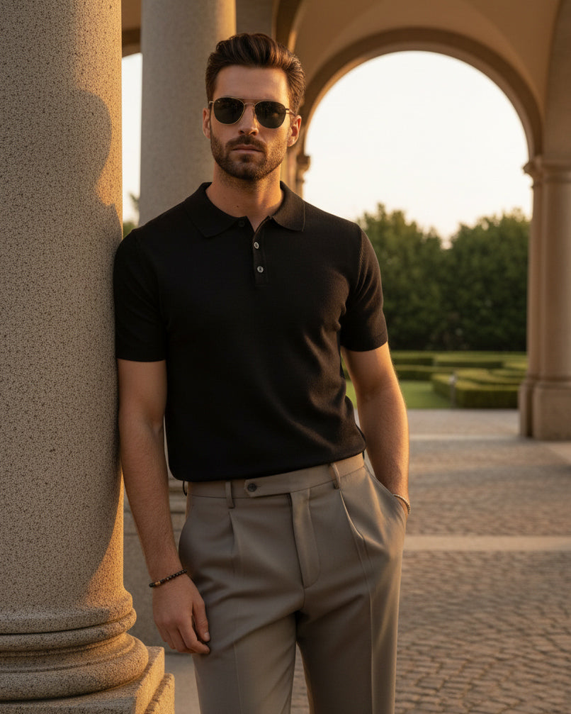 Men's Knitted Polo Shirt with Collar, Lightweight Black T-shirt for layering TS3133A