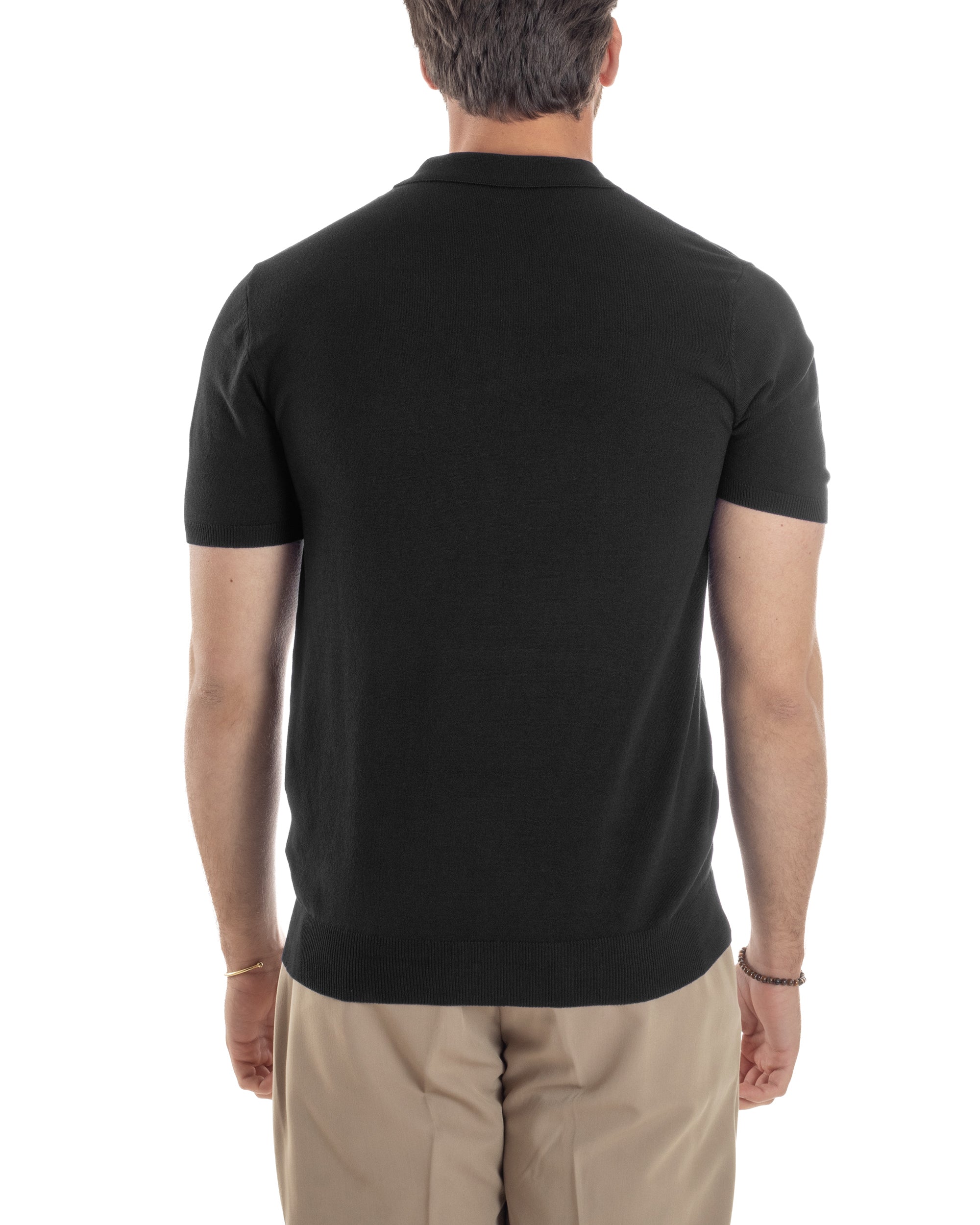 Polo Uomo Filo Maglia Con Colletto Bottoni Casual T-Shirt Sottogiacca Leggera Tinta Unita Nero GIOSAL-TS3133A