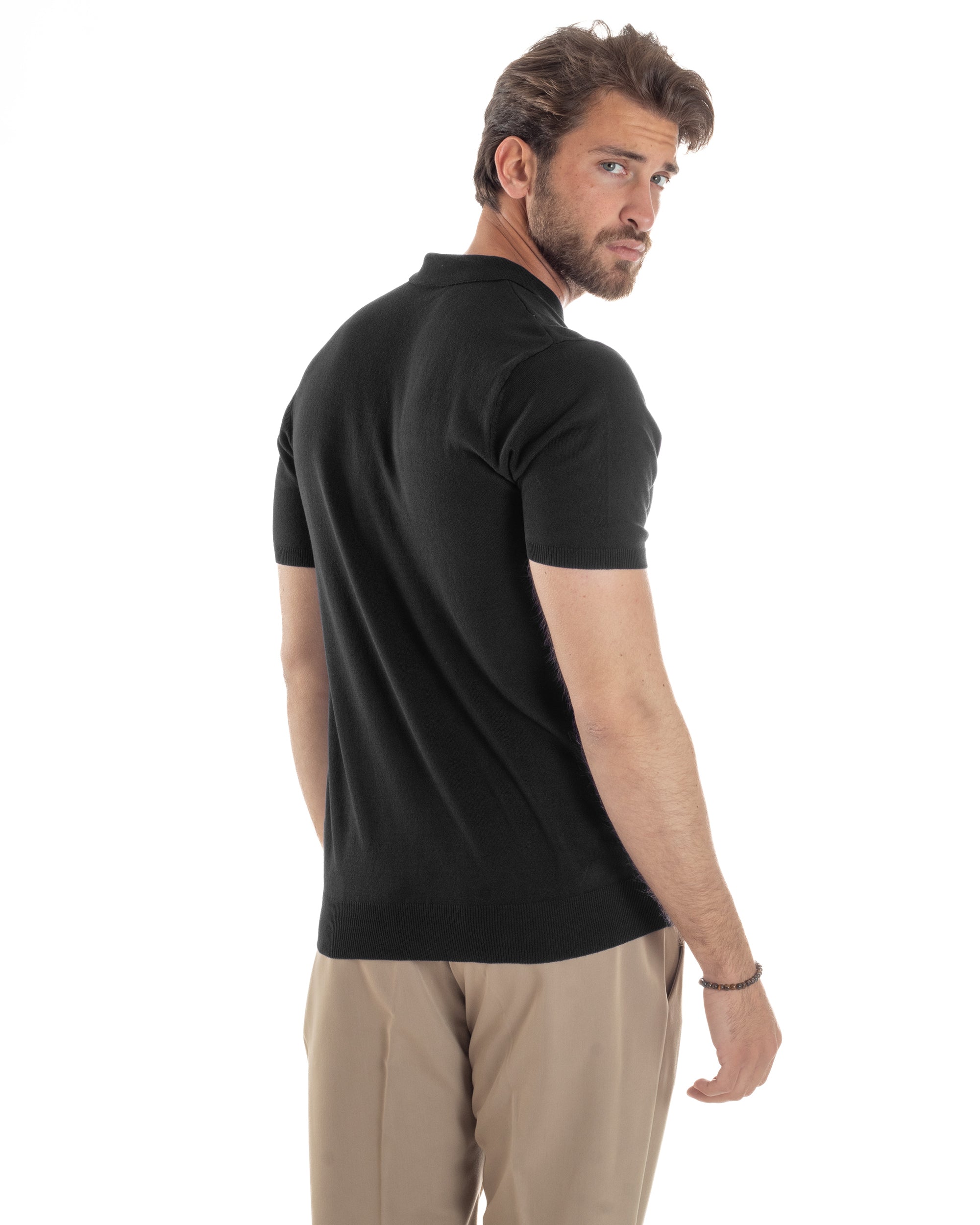 Polo Uomo Filo Maglia Con Colletto Bottoni Casual T-Shirt Sottogiacca Leggera Tinta Unita Nero GIOSAL-TS3133A