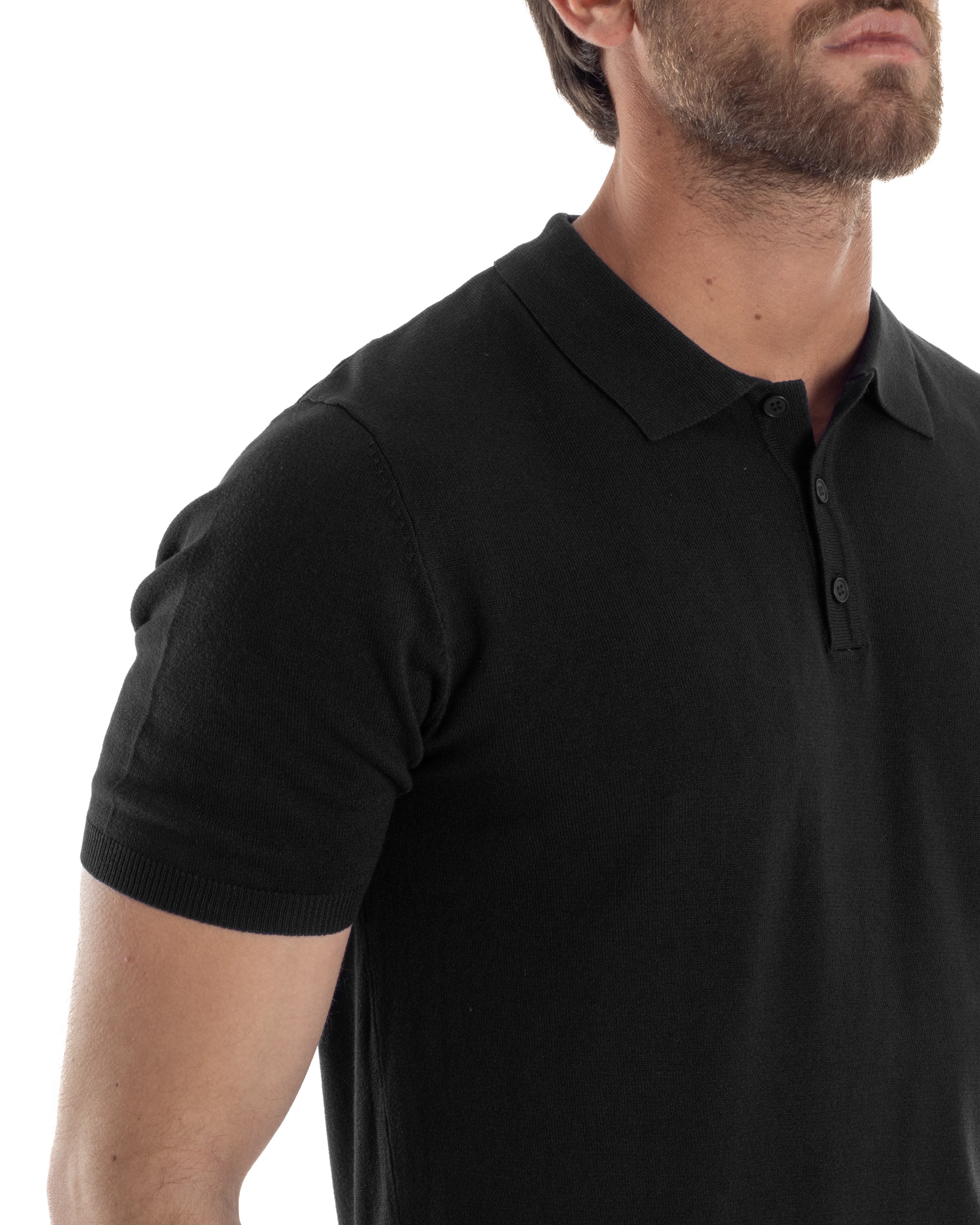Polo Uomo Filo Maglia Con Colletto Bottoni Casual T-Shirt Sottogiacca Leggera Tinta Unita Nero GIOSAL-TS3133A