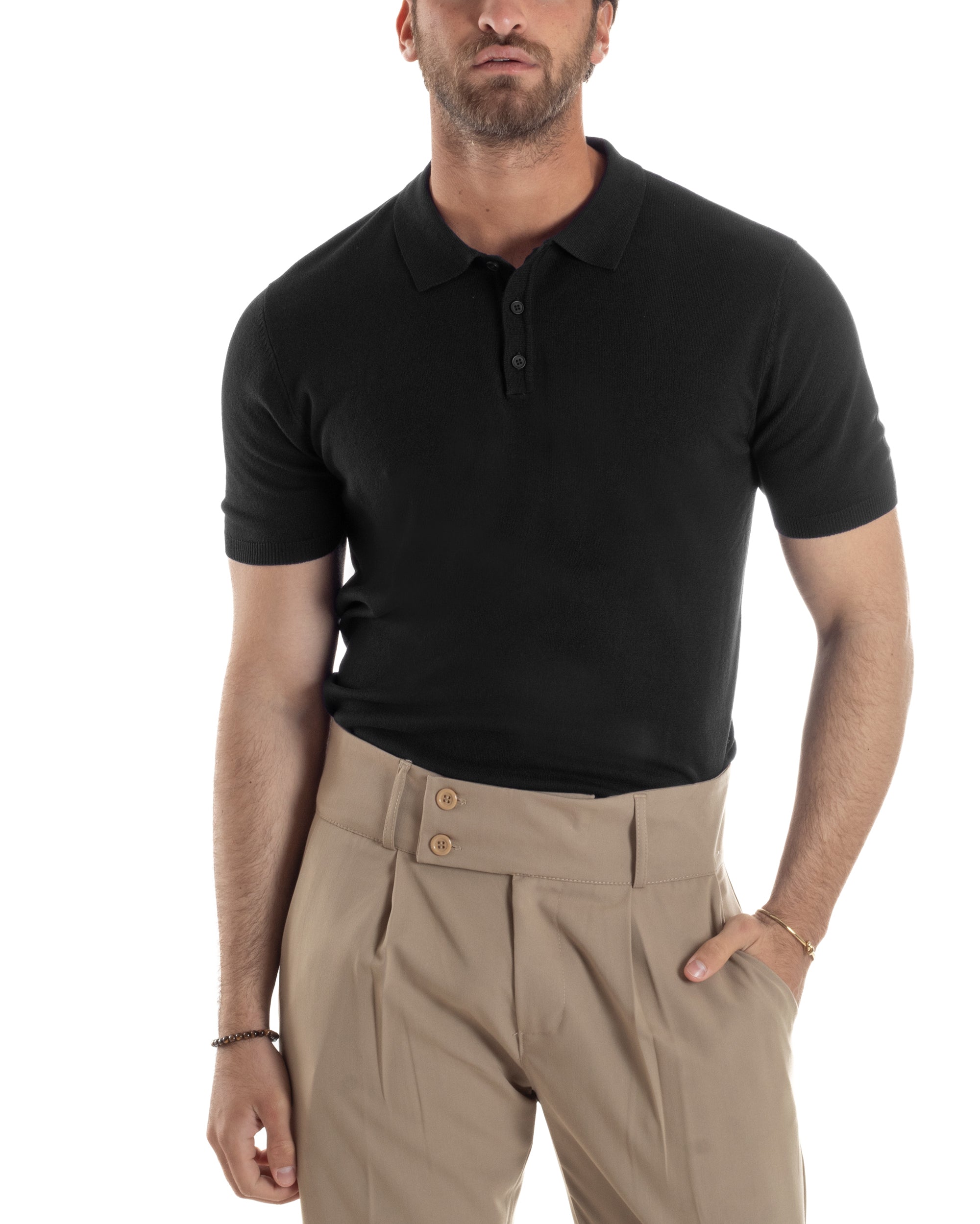 Polo Uomo Filo Maglia Con Colletto Bottoni Casual T-Shirt Sottogiacca Leggera Tinta Unita Nero GIOSAL-TS3133A