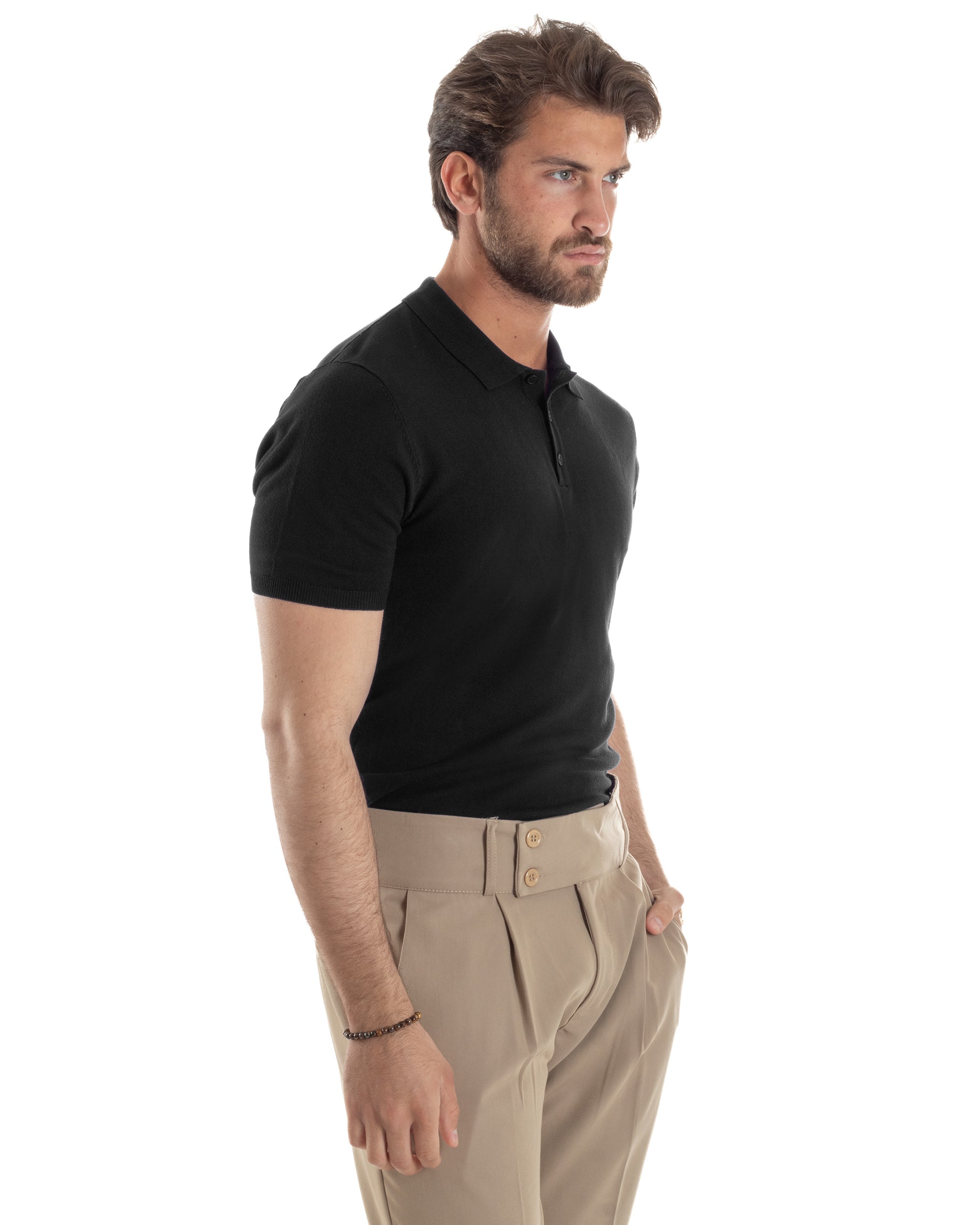 Polo Uomo Filo Maglia Con Colletto Bottoni Casual T-Shirt Sottogiacca Leggera Tinta Unita Nero GIOSAL-TS3133A
