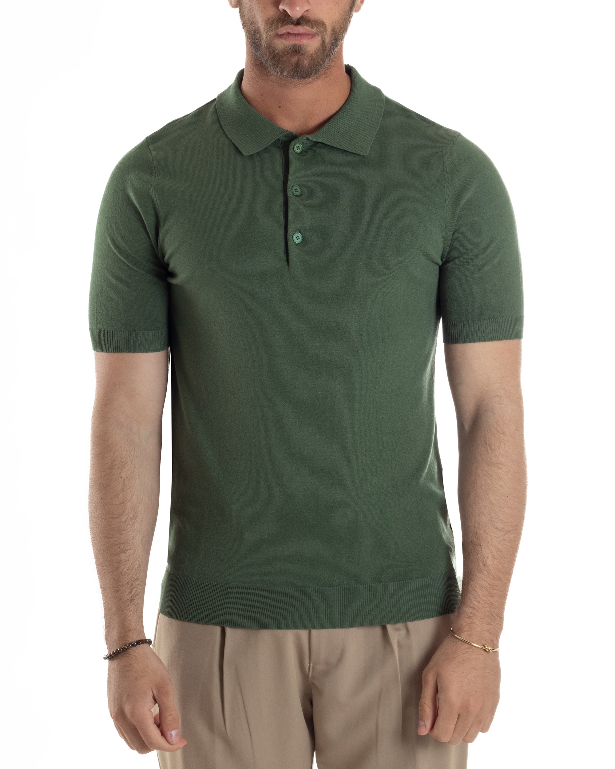 Polo Uomo Filo Maglia Con Colletto Bottoni Casual T-Shirt Sottogiacca Leggera Tinta Unita Verde GIOSAL-TS3135A