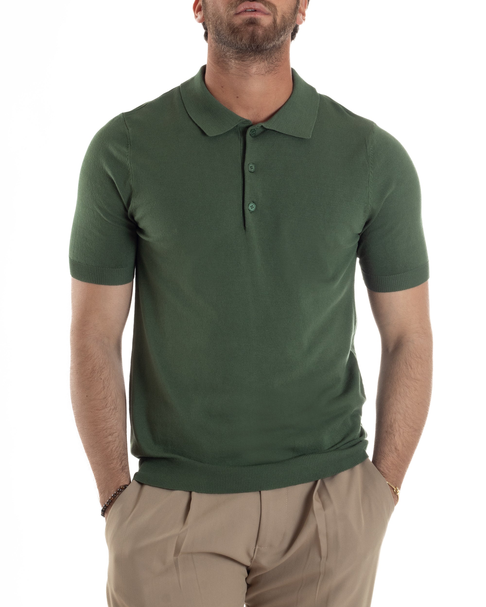 Polo Uomo Filo Maglia Con Colletto Bottoni Casual T-Shirt Sottogiacca Leggera Tinta Unita Verde GIOSAL-TS3135A