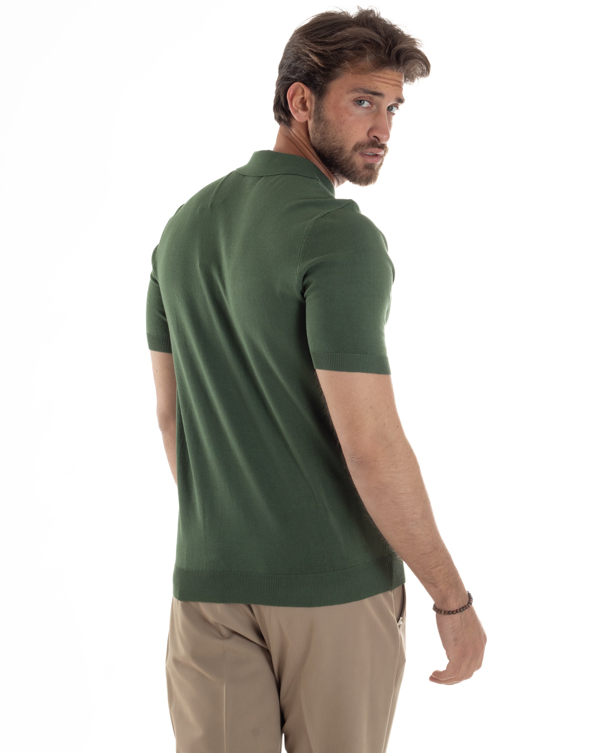 Polo Uomo Filo Maglia Con Colletto Bottoni Casual T-Shirt Sottogiacca Leggera Tinta Unita Verde GIOSAL-TS3135A