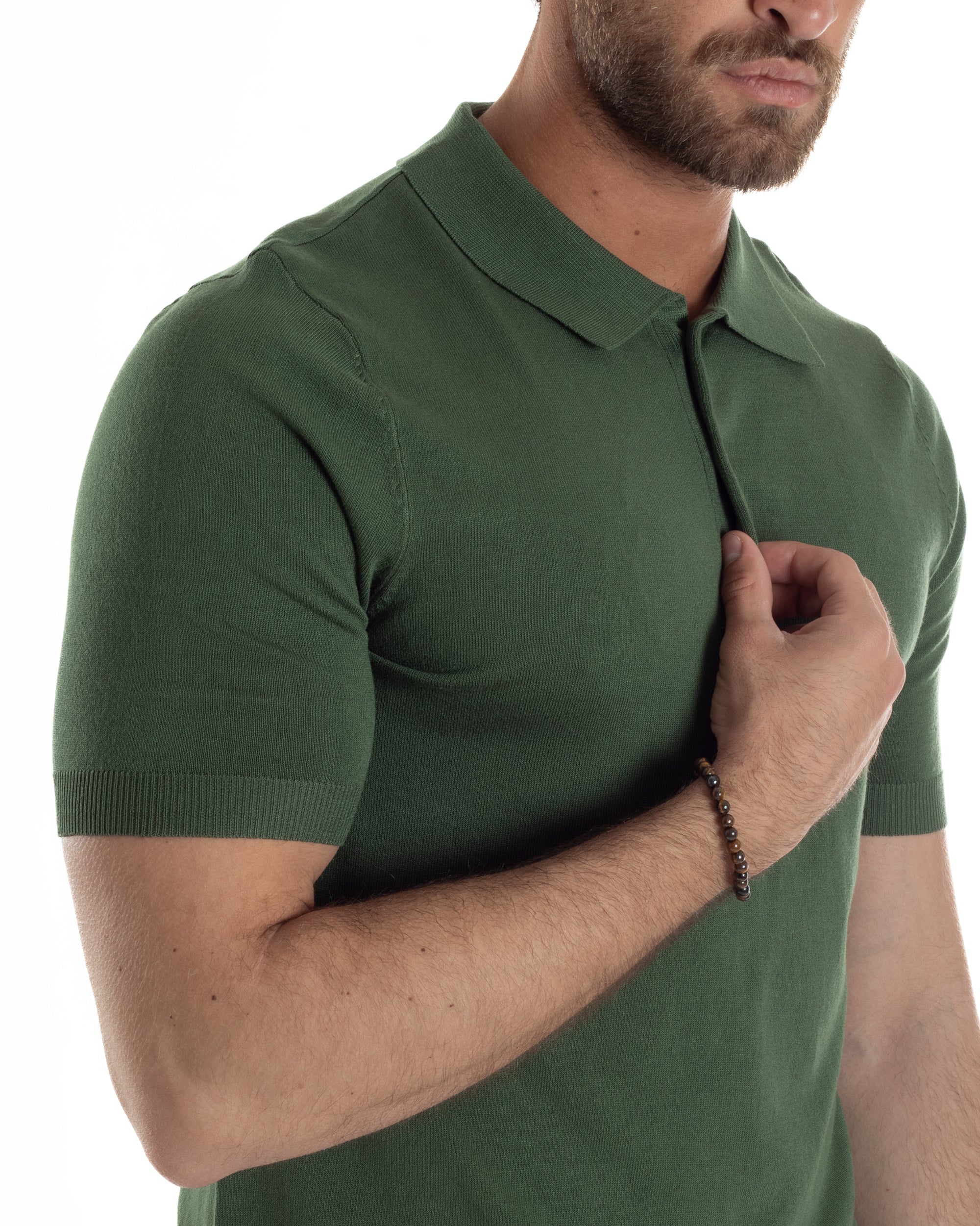 Polo Uomo Filo Maglia Con Colletto Bottoni Casual T-Shirt Sottogiacca Leggera Tinta Unita Verde GIOSAL-TS3135A