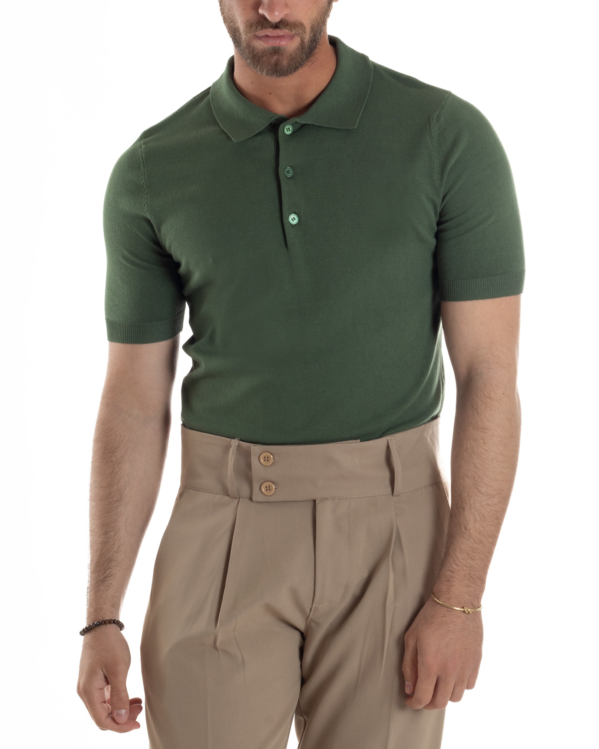 Polo Uomo Filo Maglia Con Colletto Bottoni Casual T-Shirt Sottogiacca Leggera Tinta Unita Verde GIOSAL-TS3135A