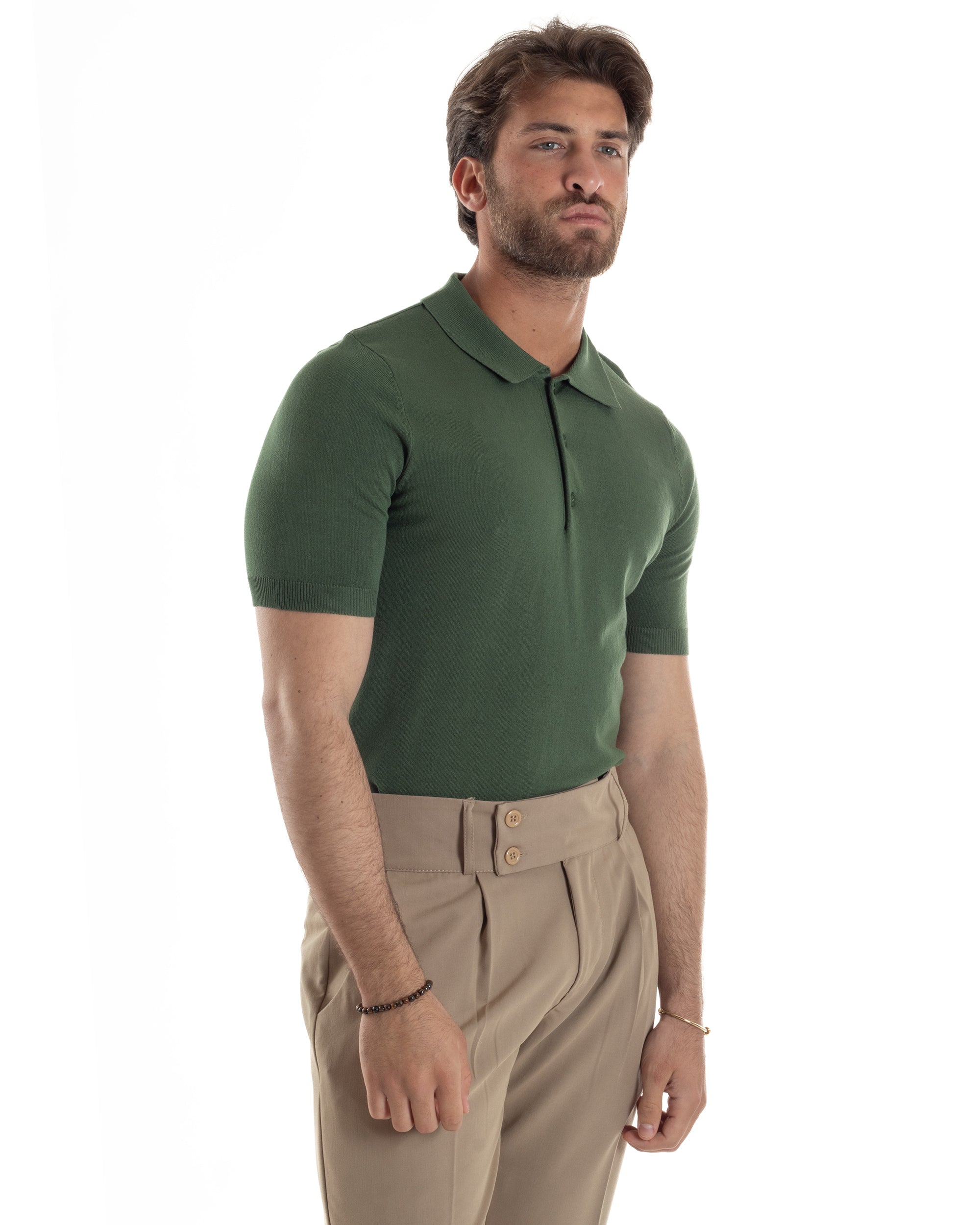 Polo Uomo Filo Maglia Con Colletto Bottoni Casual T-Shirt Sottogiacca Leggera Tinta Unita Verde GIOSAL-TS3135A