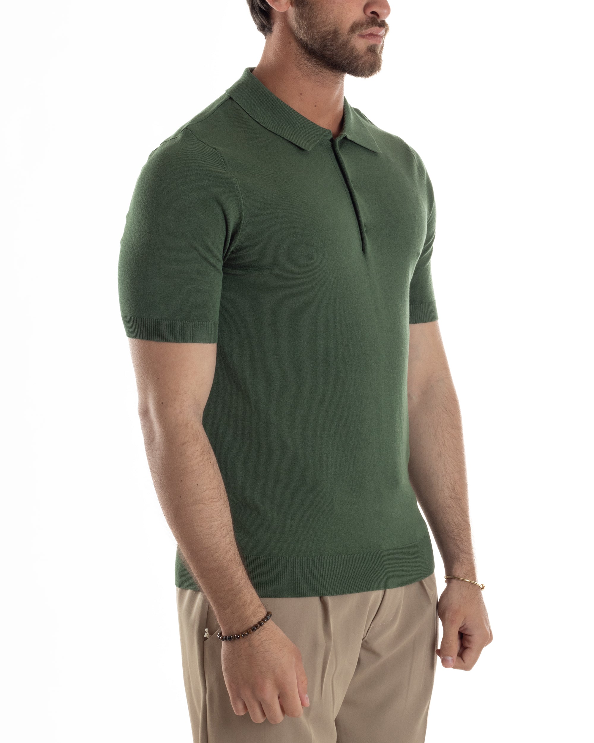 Polo Uomo Filo Maglia Con Colletto Bottoni Casual T-Shirt Sottogiacca Leggera Tinta Unita Verde GIOSAL-TS3135A