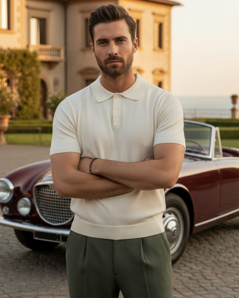 Men's Knitted Polo Shirt with Collar, Lightweight Beige Under-Jacket T-Shirt TS3136A
