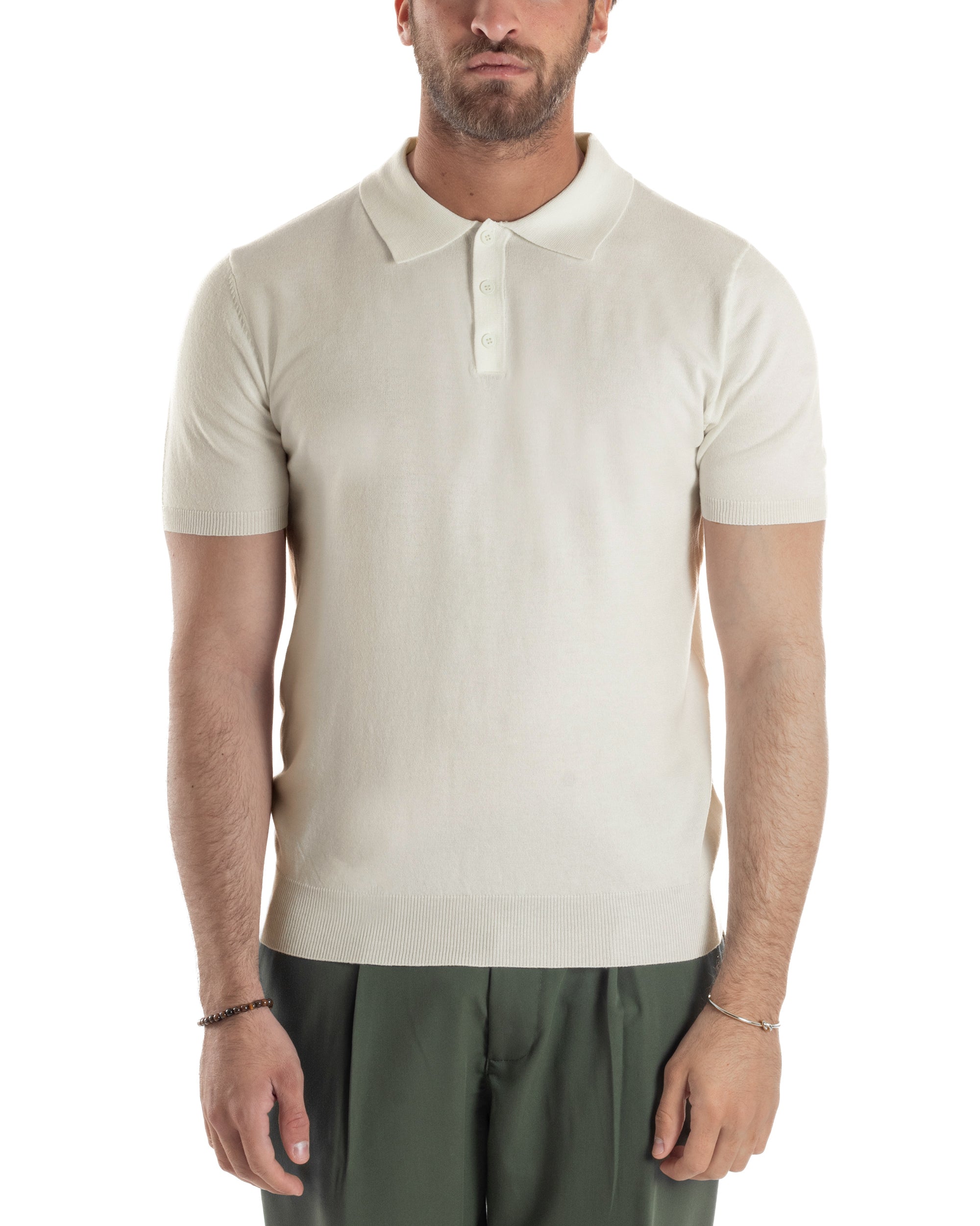 Polo Uomo Filo Maglia Con Colletto Bottoni Casual T-Shirt Sottogiacca Leggera Tinta Unita Beige GIOSAL-TS3136A